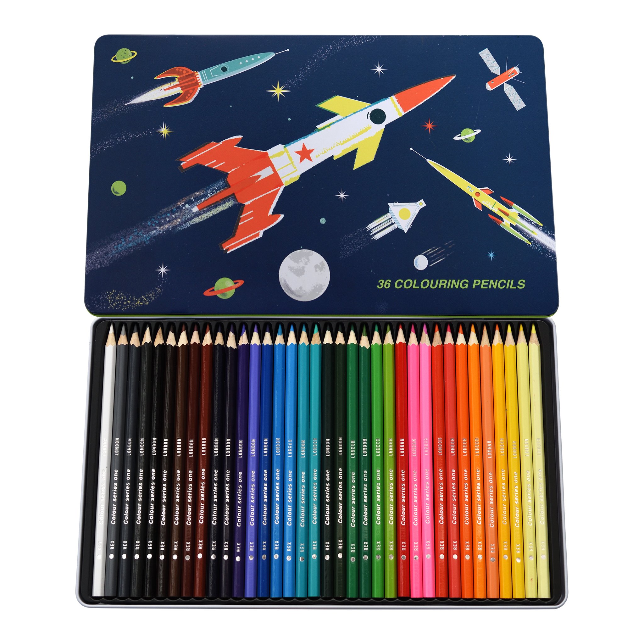 Geöffnete Space Age Dose mit 36 Buntstiften in Reihe