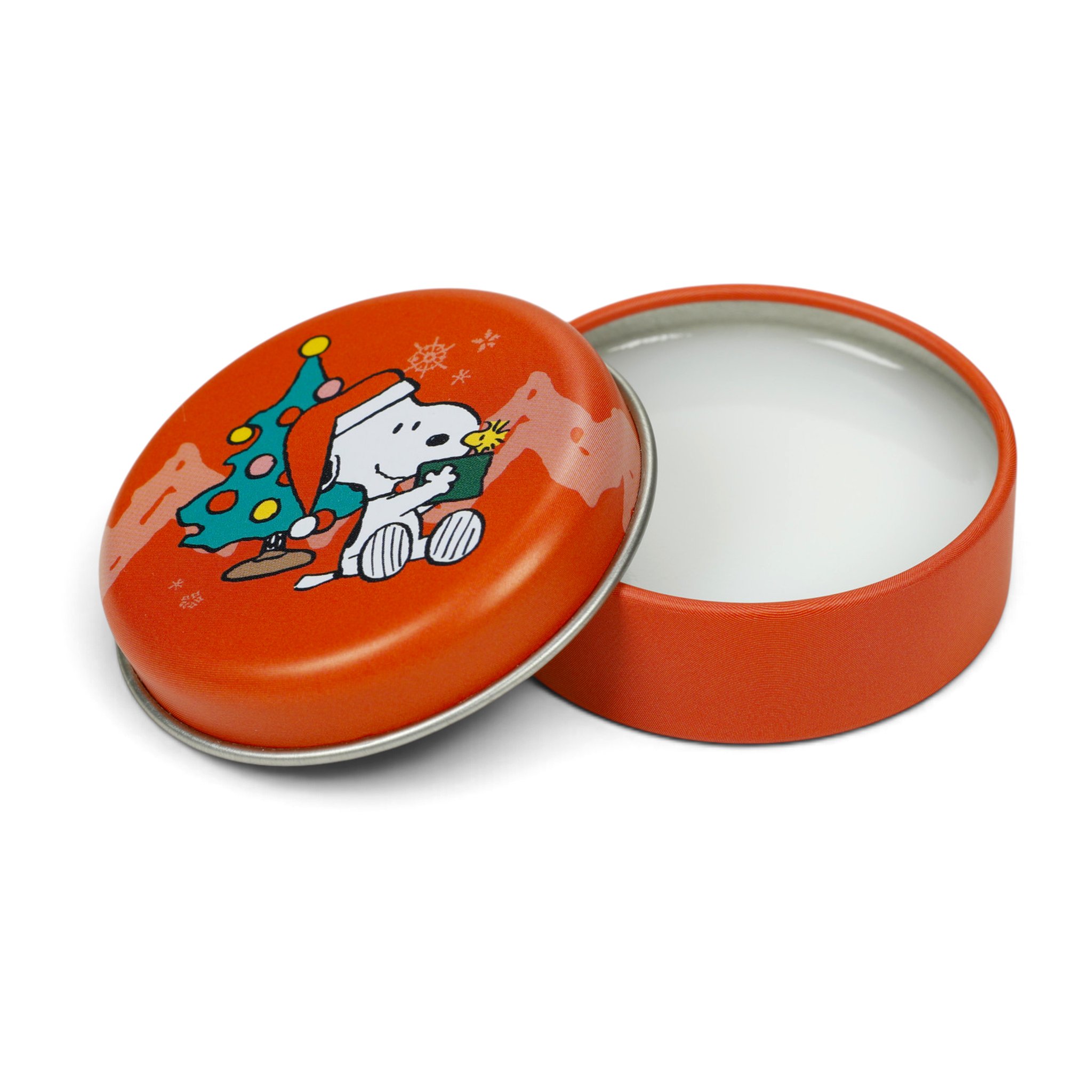 Geöffnete Dose mit Snoopy und Weihnachtsbaum