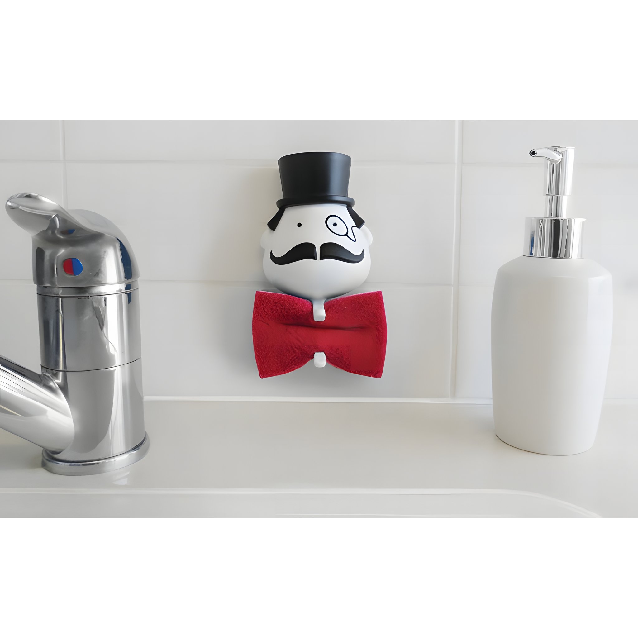 Mr. Sponge holder with red sponge in the bathroom