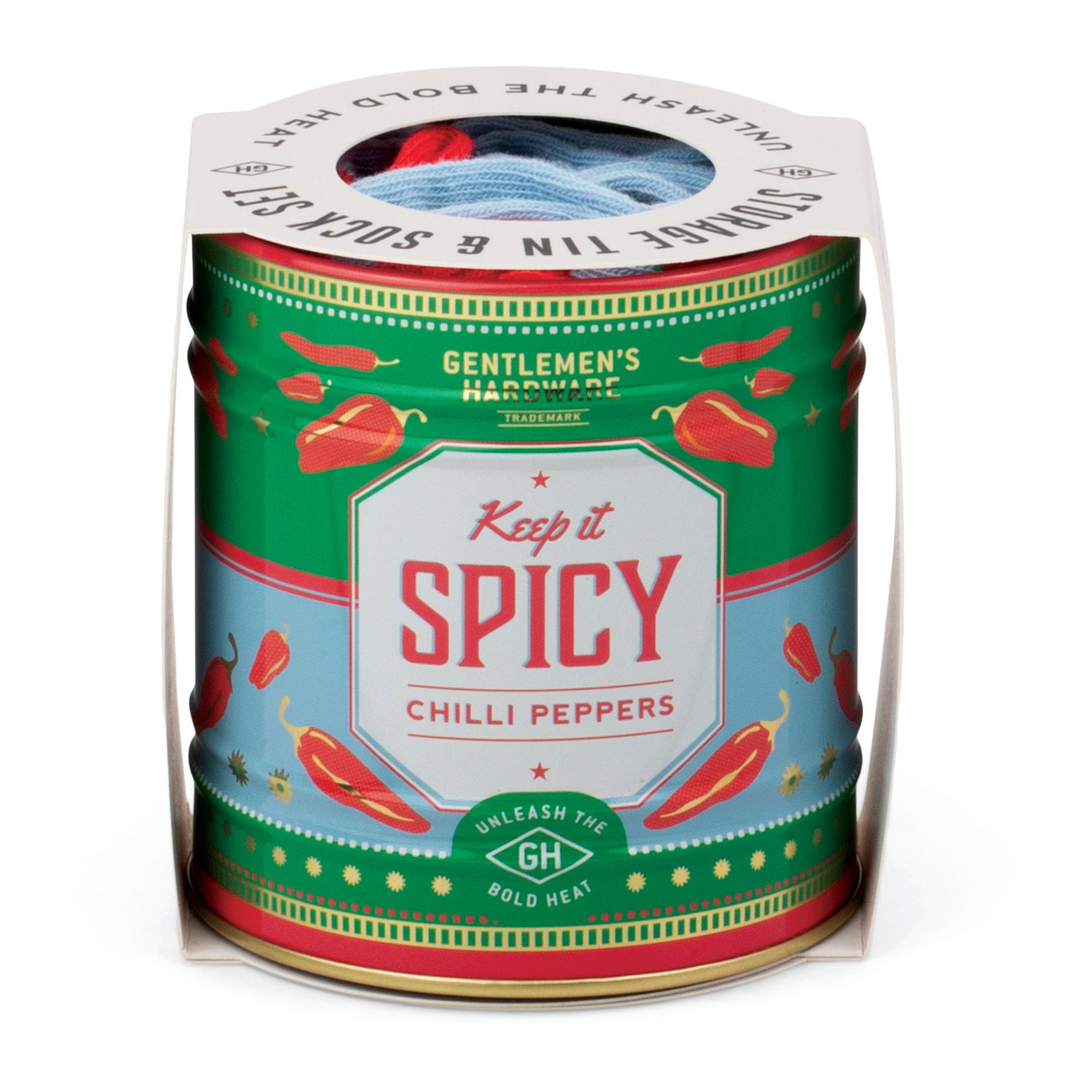 Boîte verte et rouge «Keep it Spicy» dans son bandeau en carton, chaussettes visibles par la fenêtre ronde