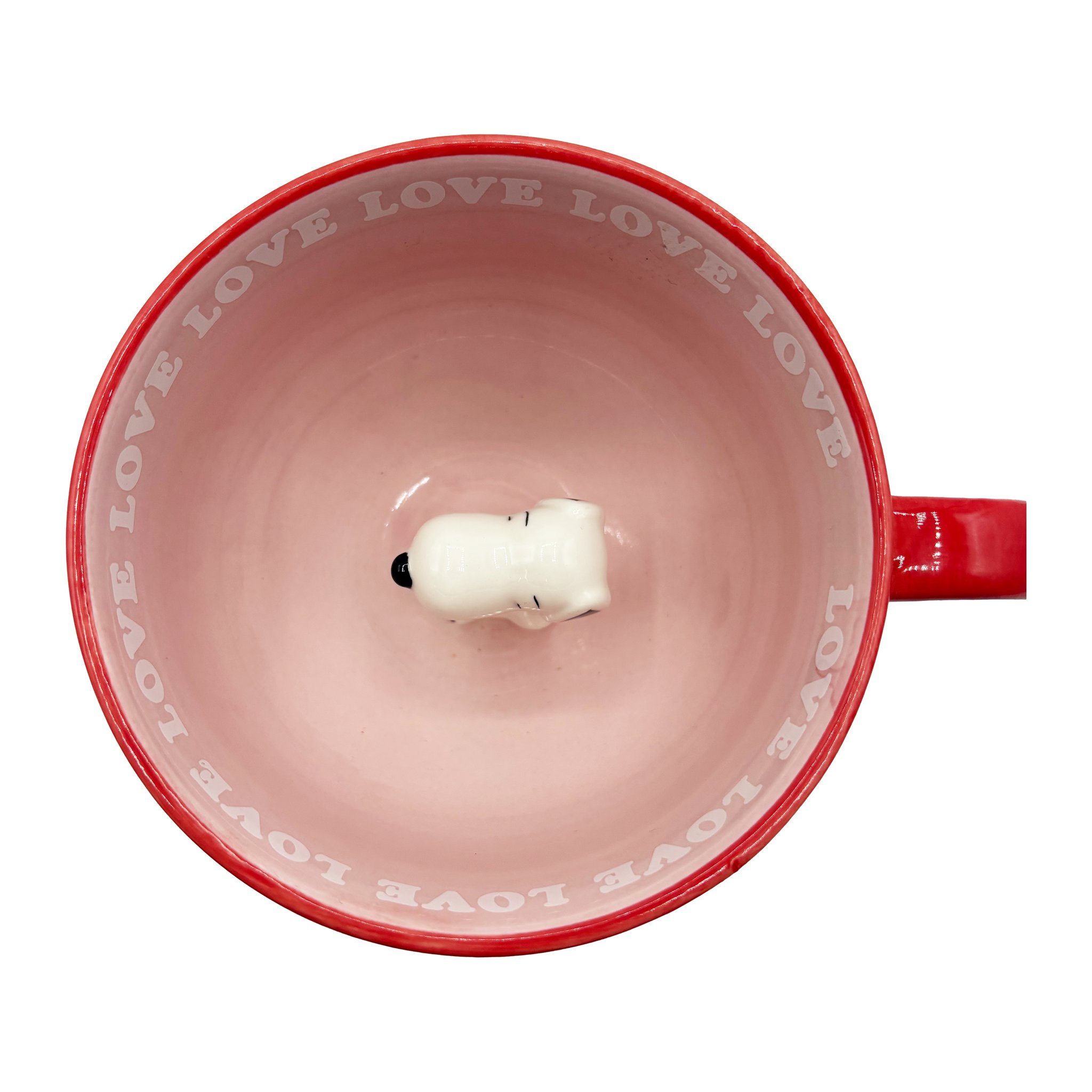 Blick in die Snoopy Love Tasse: 3D-Snoopy liegt auf dem Boden, Love-Schriftzug am Rand