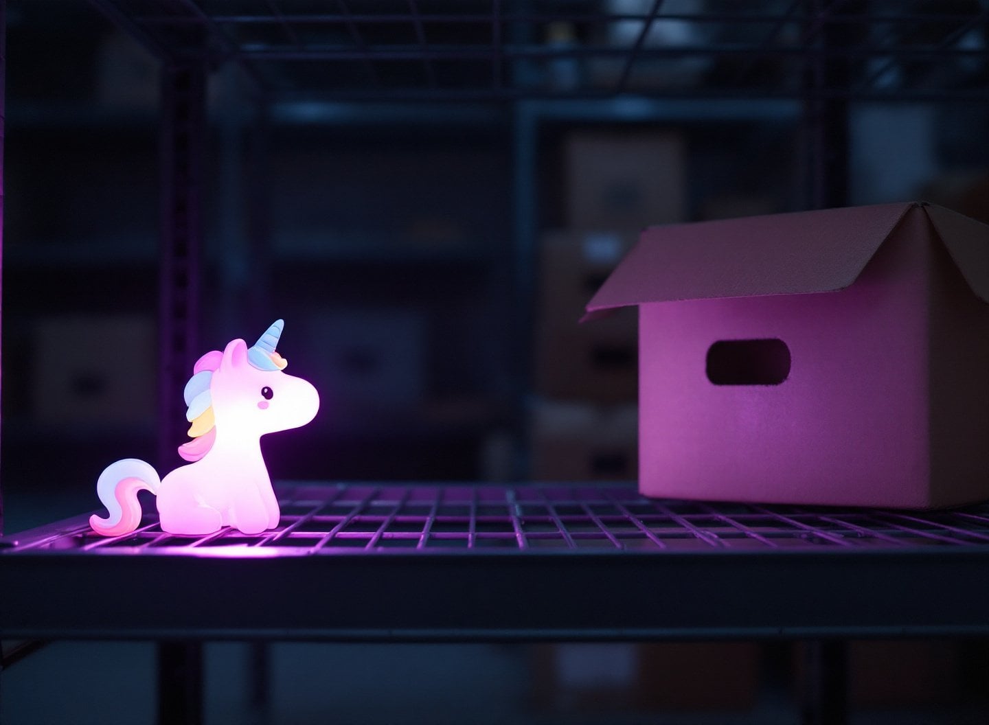 Veilleuse licorne lumineuse seule sur une étagère d'entrepôt vide à côté d'un carton — image de couverture de la rétrospective sur la tendance licorne 2015 à 2018