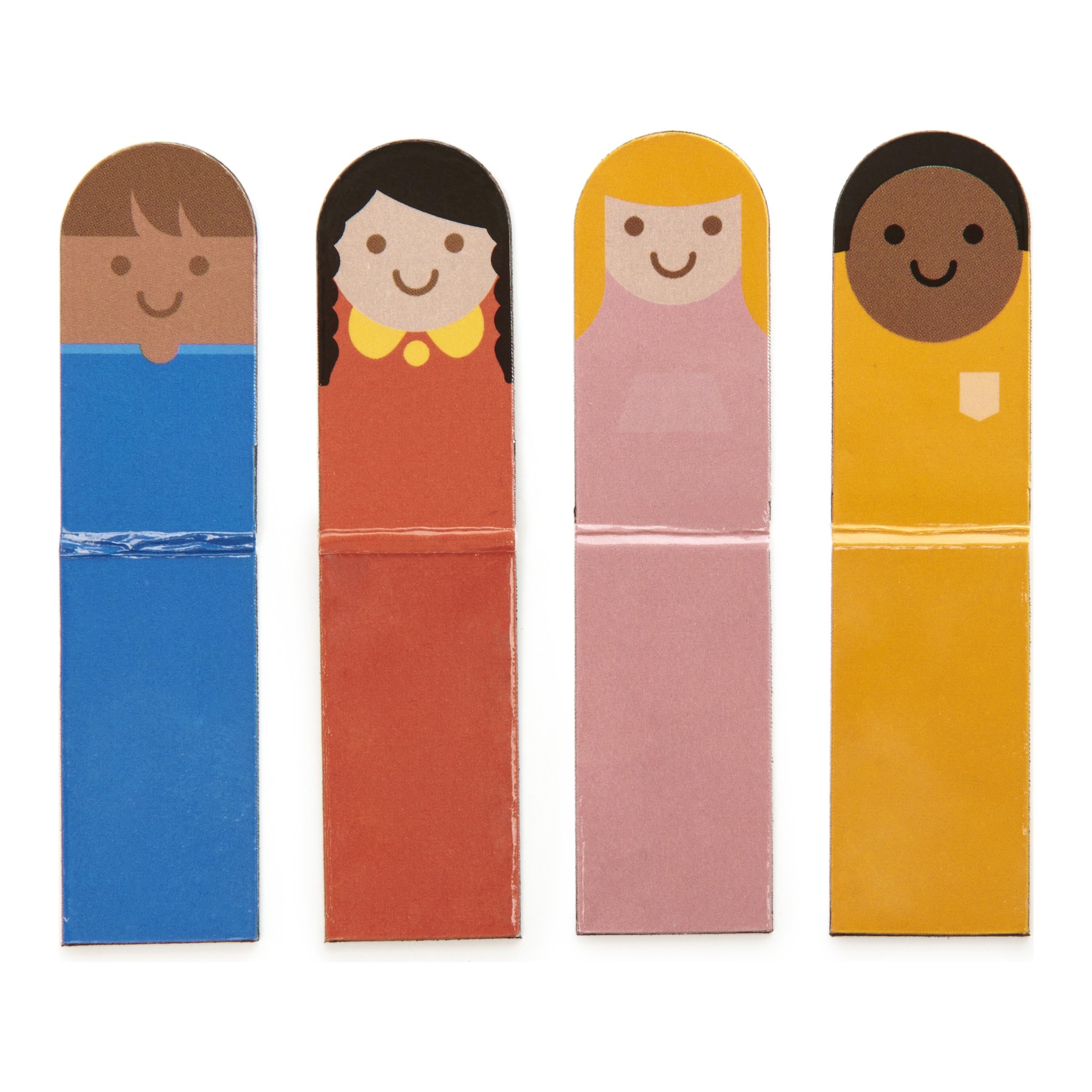 Four magnetic people bookmarks in blue, red, pink and yellow