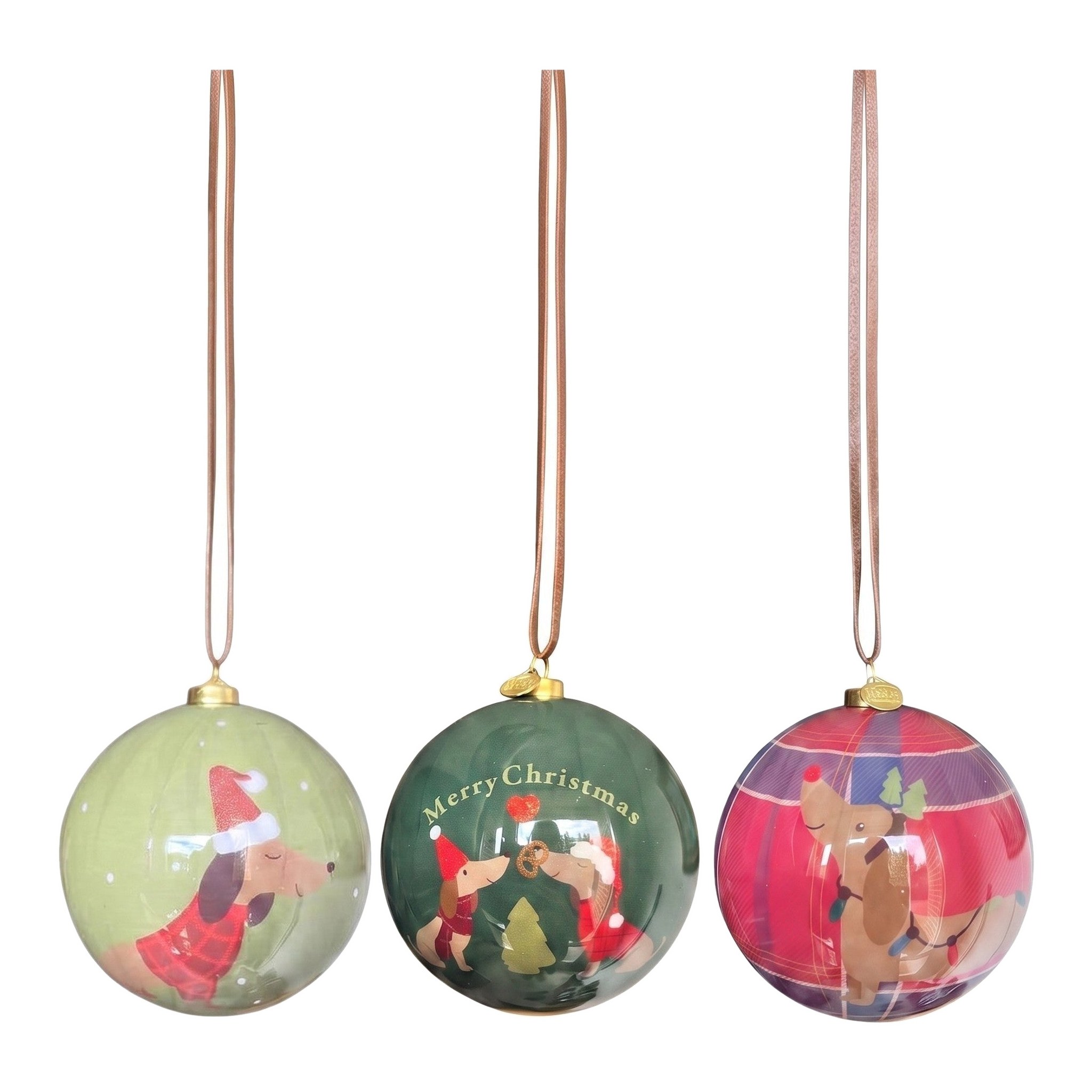 Weihnachtskugeln mit Dackeln im 3er-Set: hellgrün, dunkelgrün mit Merry Christmas und pink