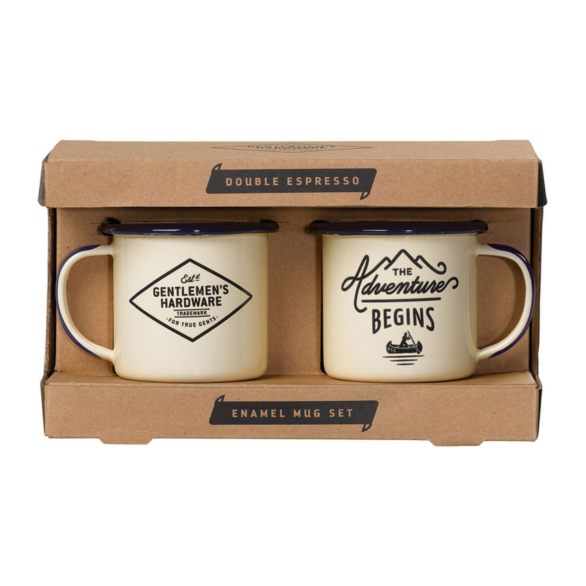 Emaille Espresso-Set in der braunen Kartonschachtel mit zwei cremefarbenen Tassen, Aufschrift «Double Espresso»