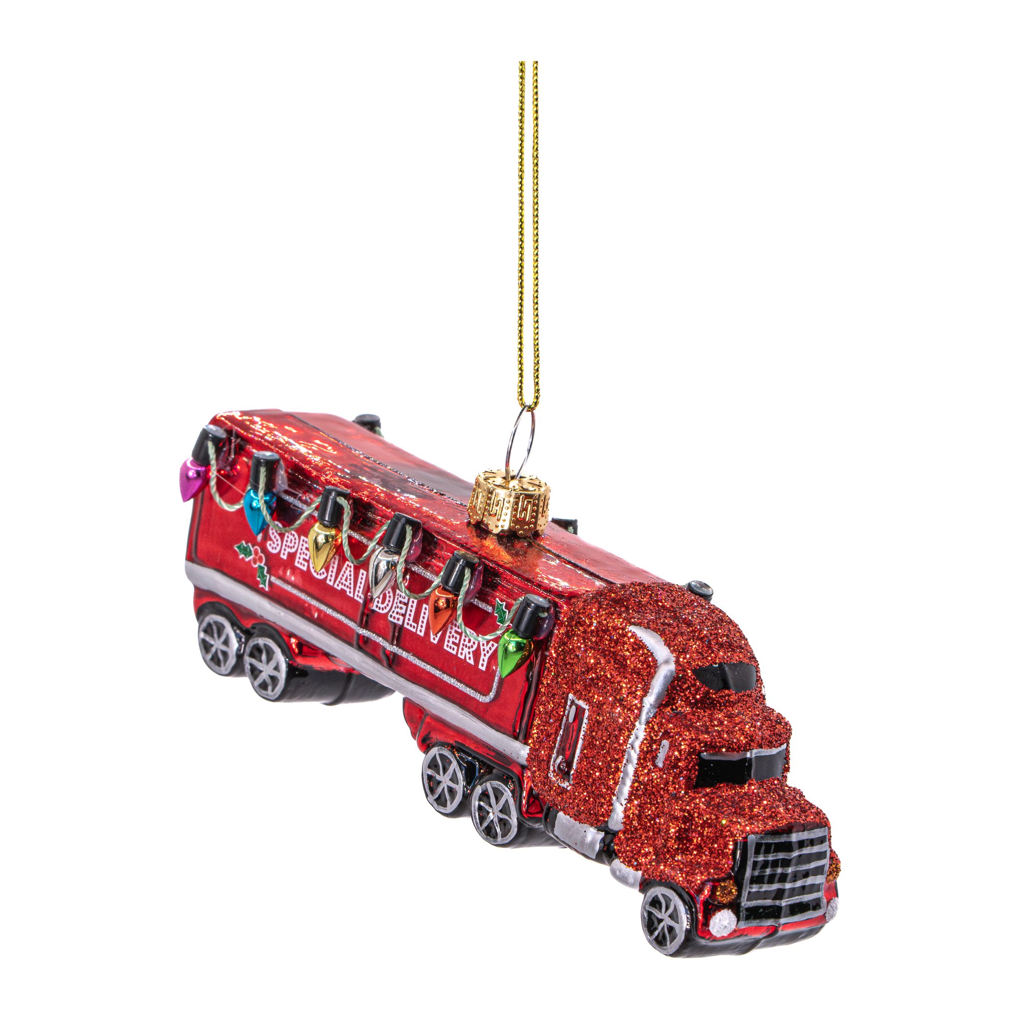 Roter Lastwagen aus Glas mit Glitzer, Lichterketten-Dekor und Päckchen auf dem Dach