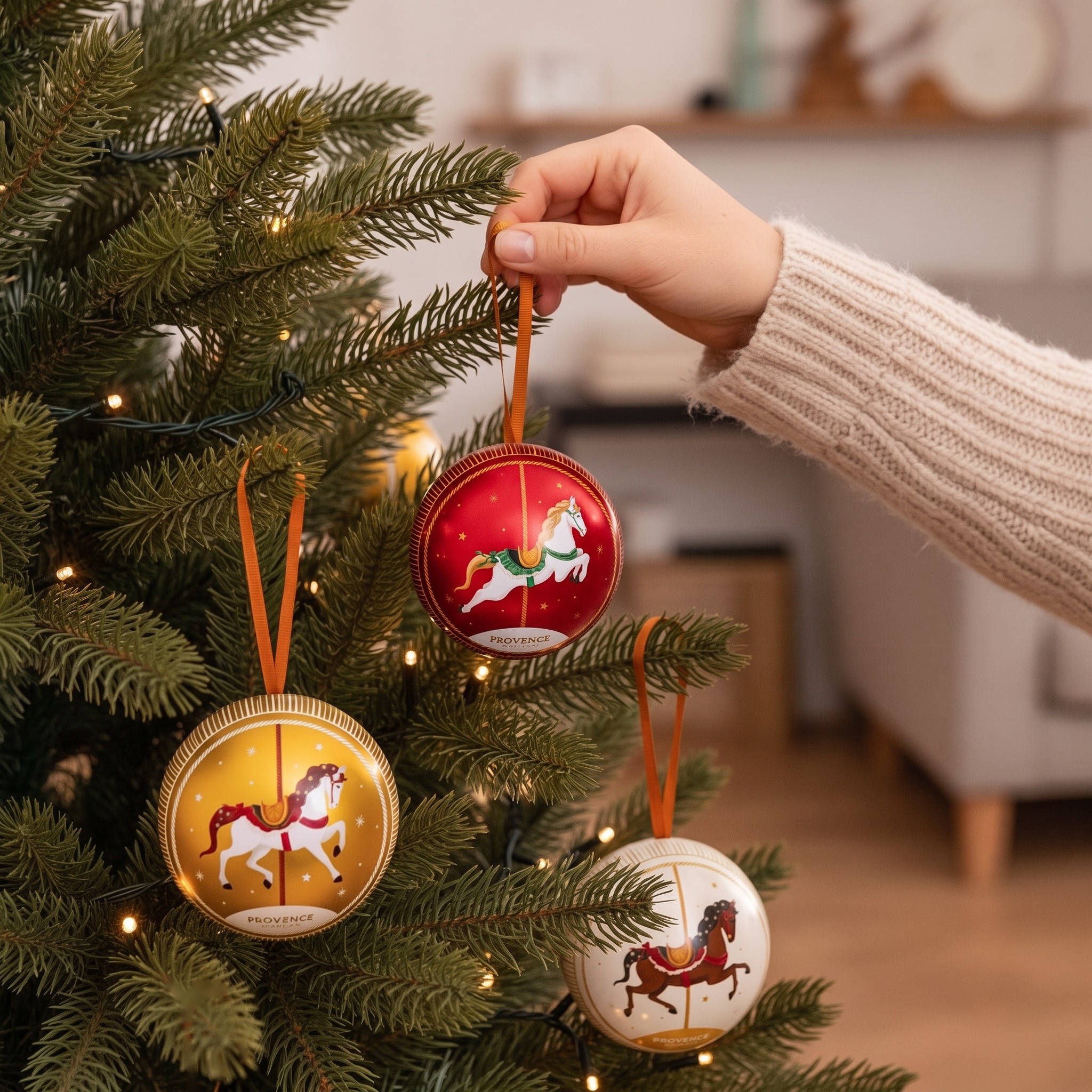 A hand hangs the red bauble on the Christmas tree, the gold and the pearl white baubles are already hanging.