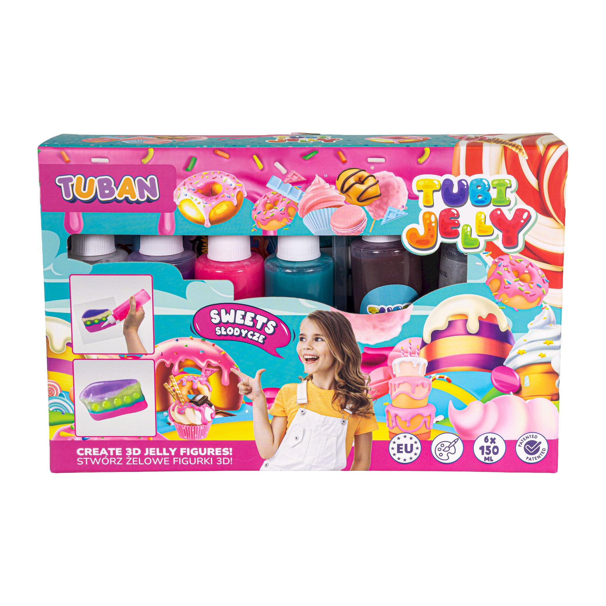 Vorderseite der Tubi-Jelly-Packung Süssigkeiten mit Donut-, Eis- und Bonbon-Motiven