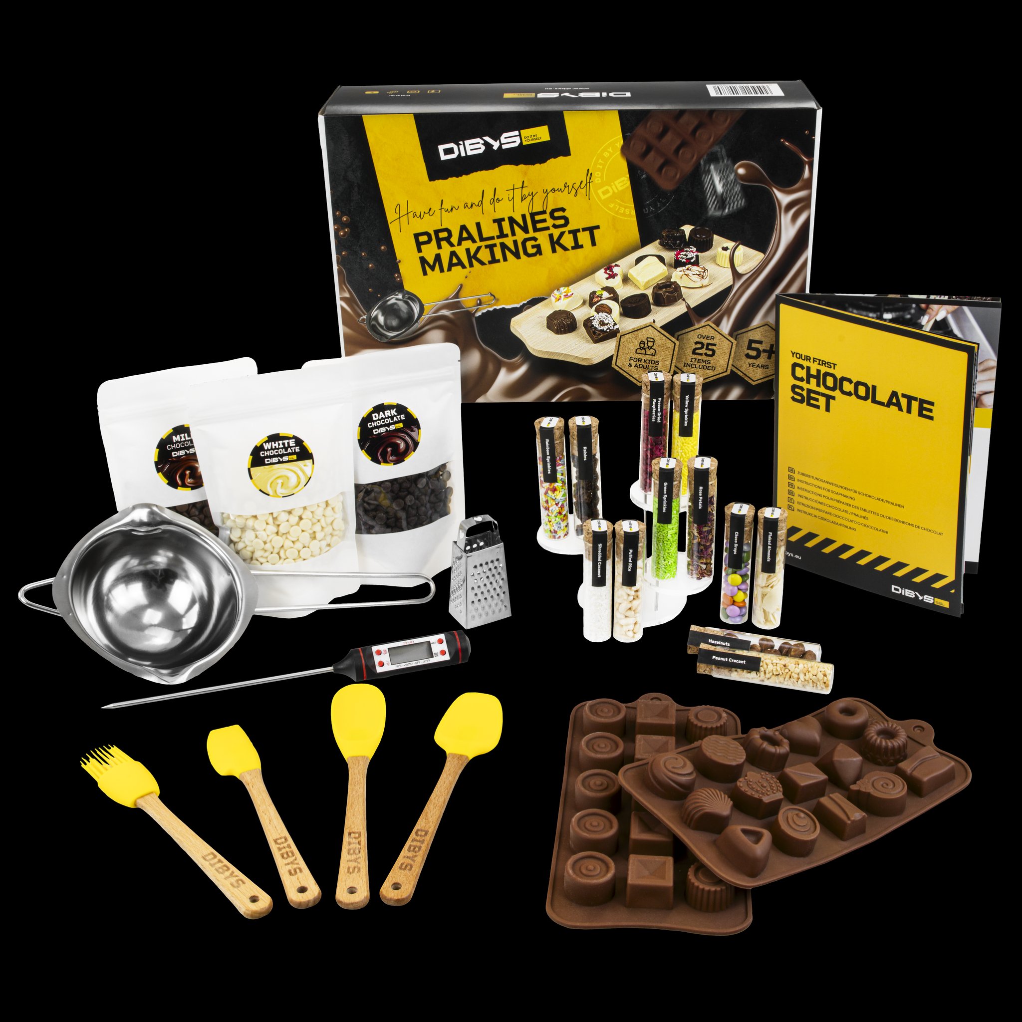 Dibys Pralinen-Set DIY mit Box, Schokoladen, Toppings, Formen und Werkzeug