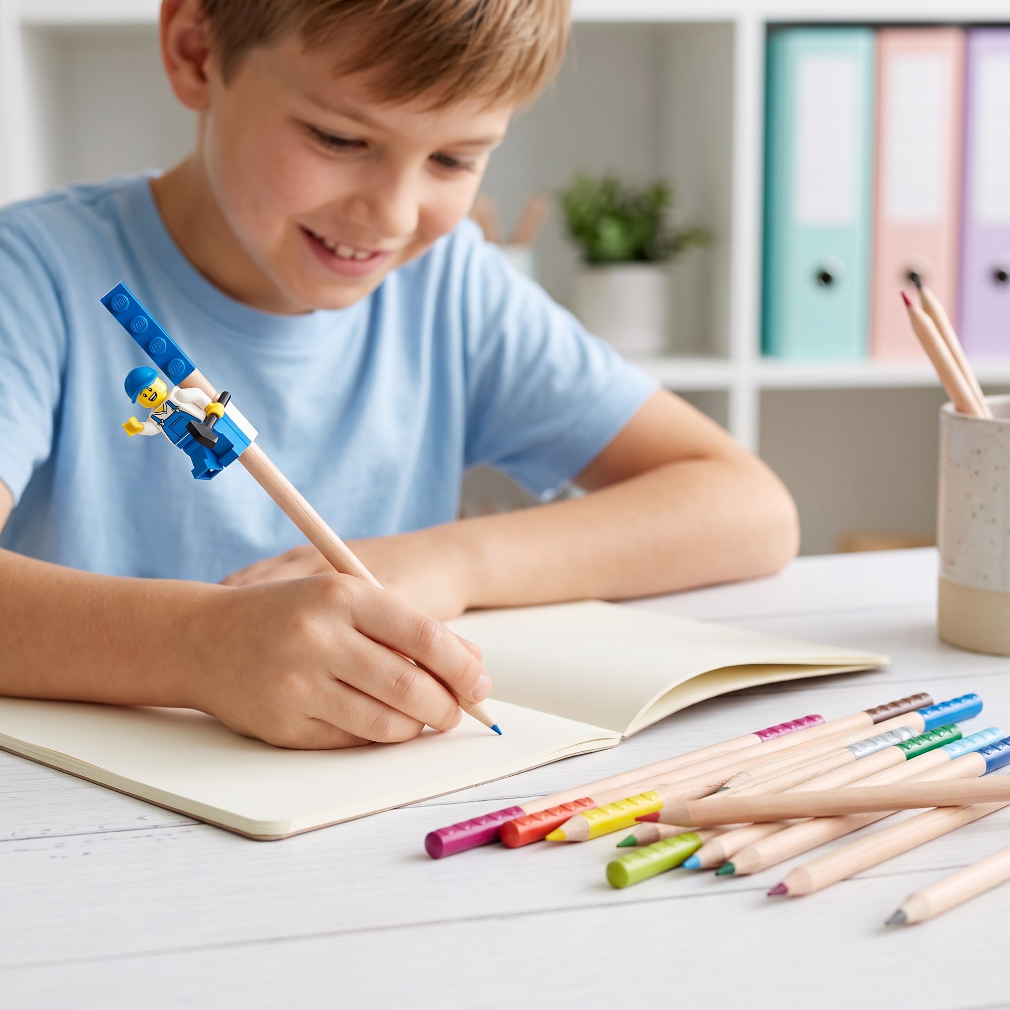 Garçon dessinant avec un crayon de couleur LEGO, la minifigurine d'ouvrier assise sur le côté de l'embout, d'autres crayons à côté