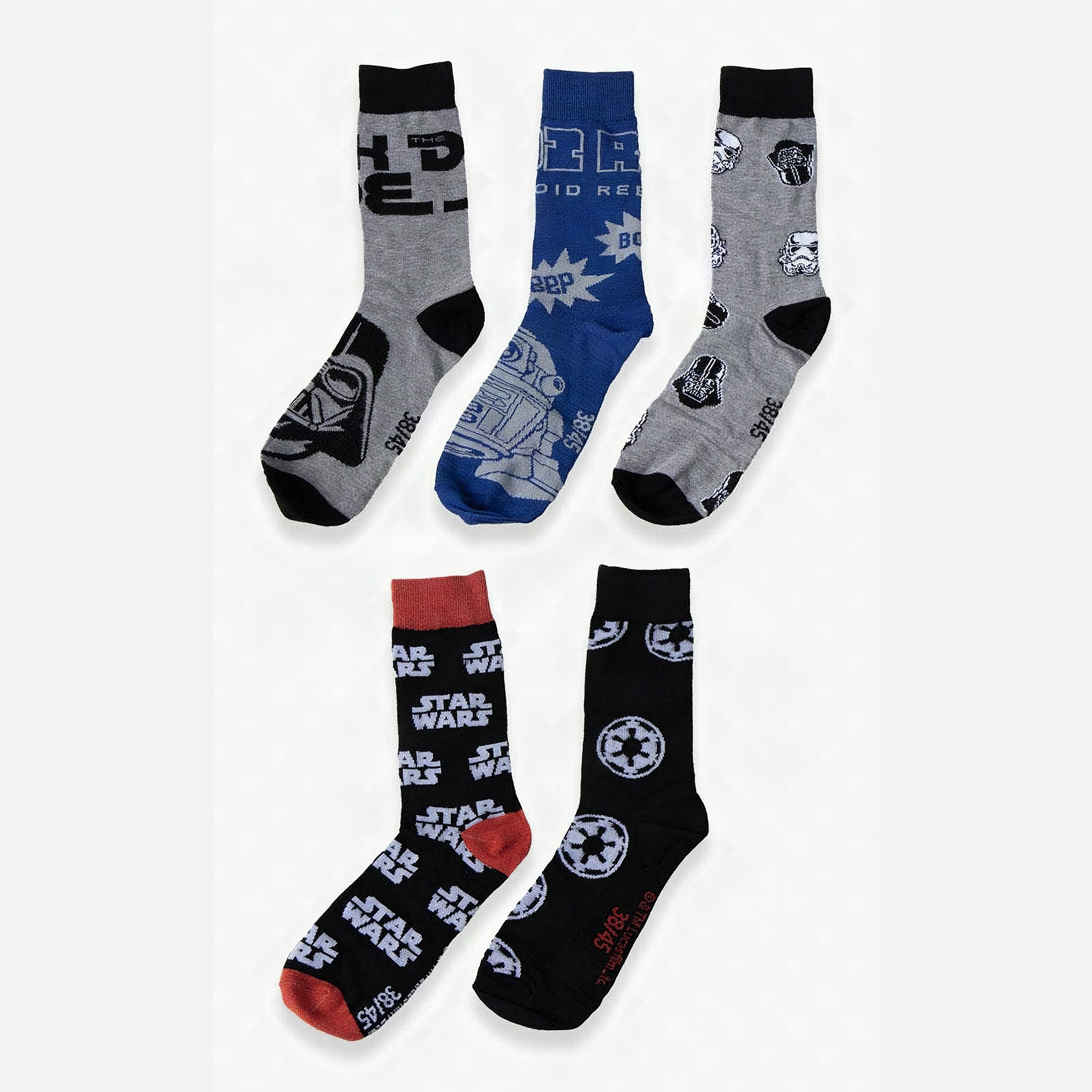 Five pairs of crew socks showing Darth Vader, R2-D2 and the Imperial emblem