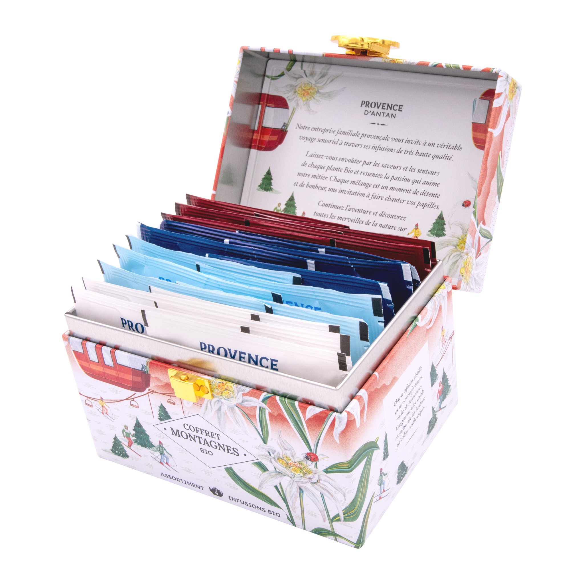 Scatola di tisane di montagna di lato con coperchio aperto