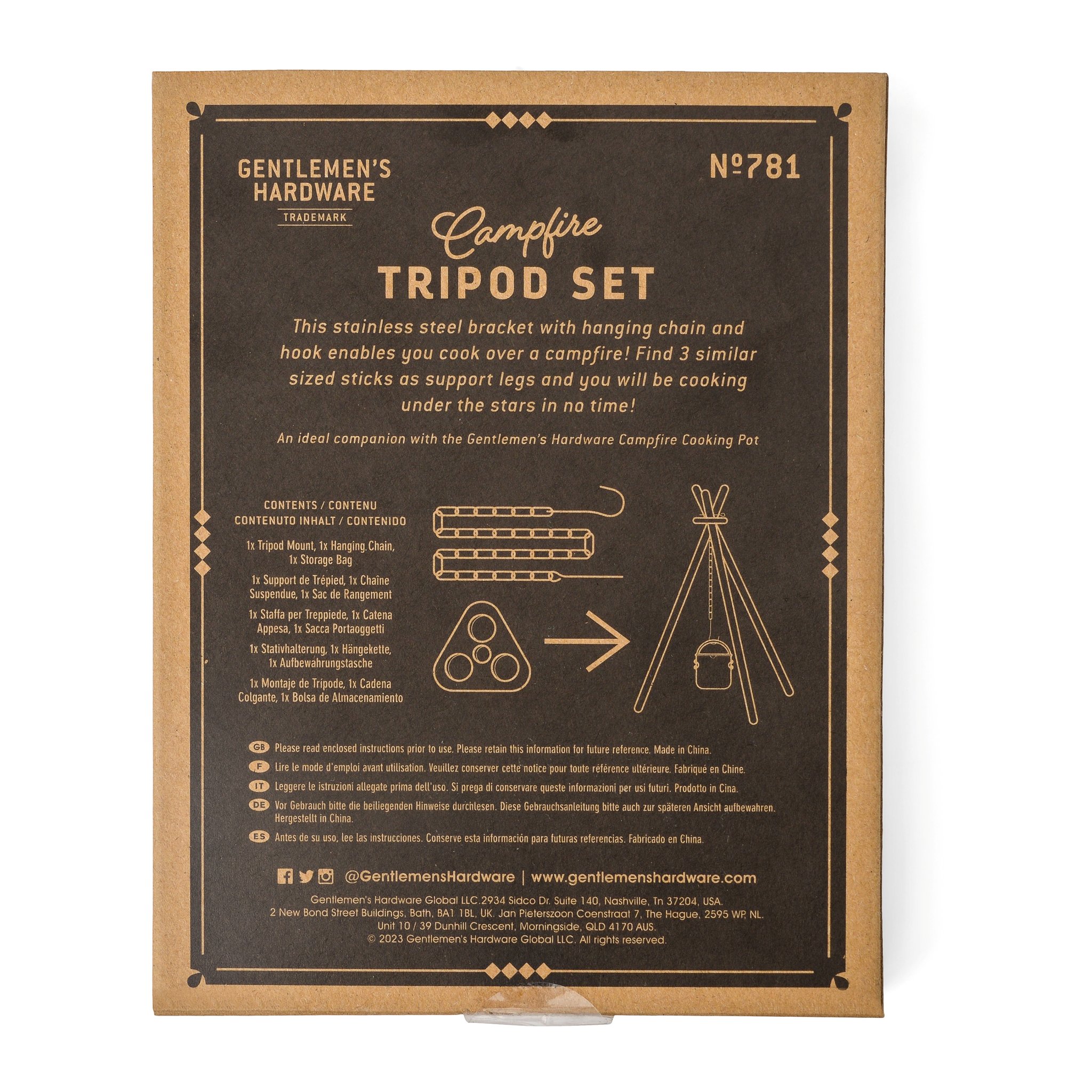 Dark back of the Campfire Tripod Set box showing a product description, a contents list and an assembly sketch