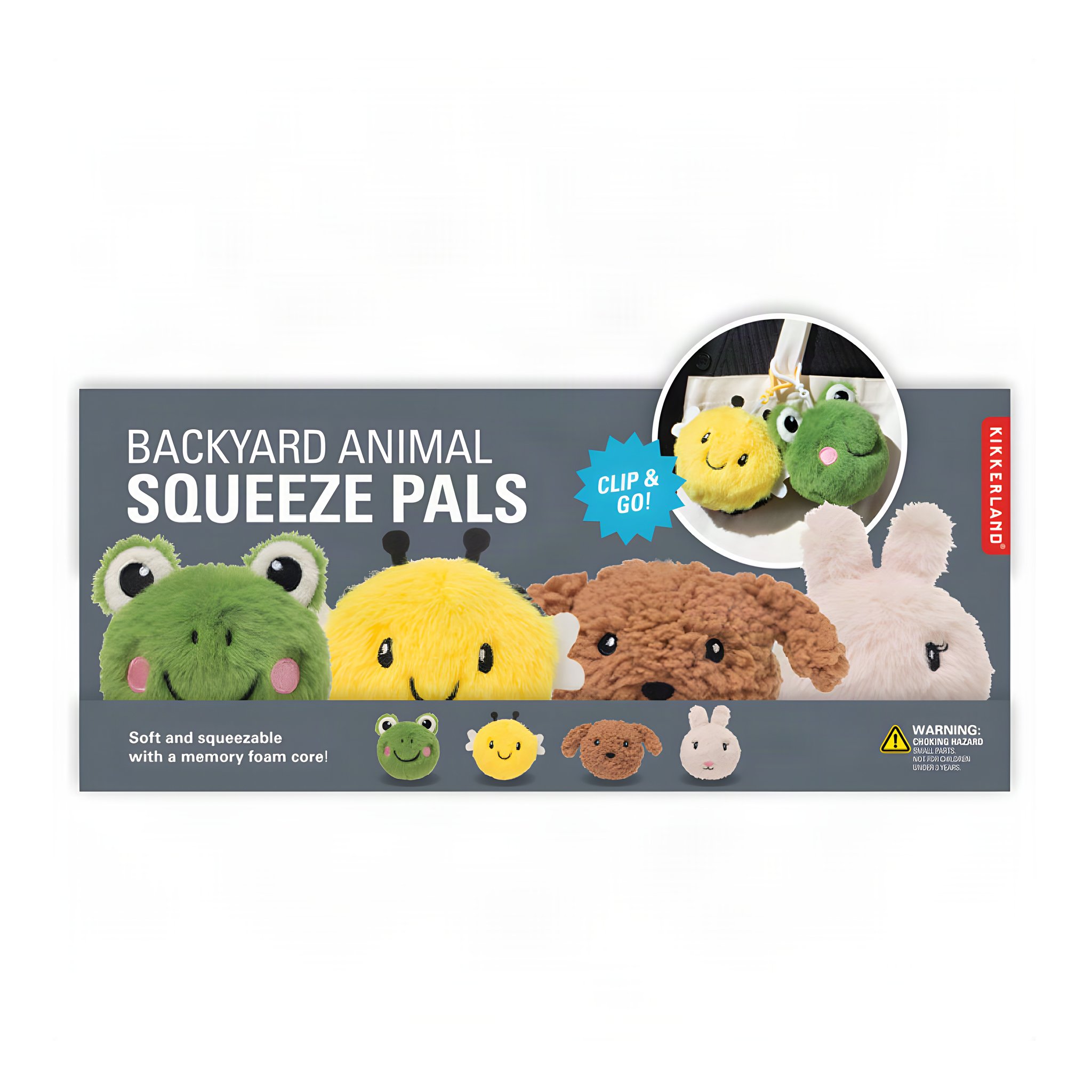 Verpackung der Kikkerland Backyard Animal Squeeze Pals mit allen vier Motiven