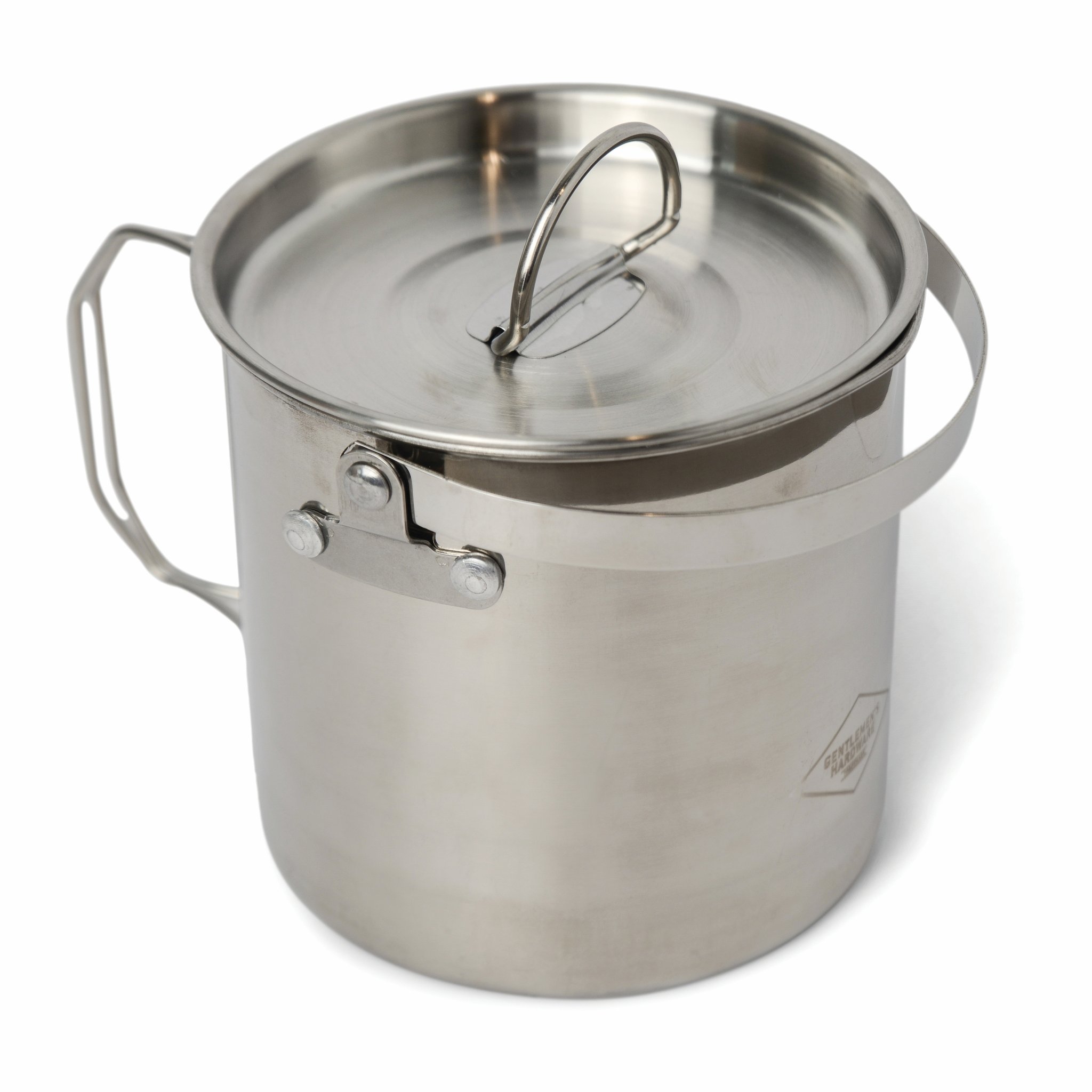 Stainless steel Campfire Cooking Pot with lid on, wire bail handle and side handle, seen slightly from above