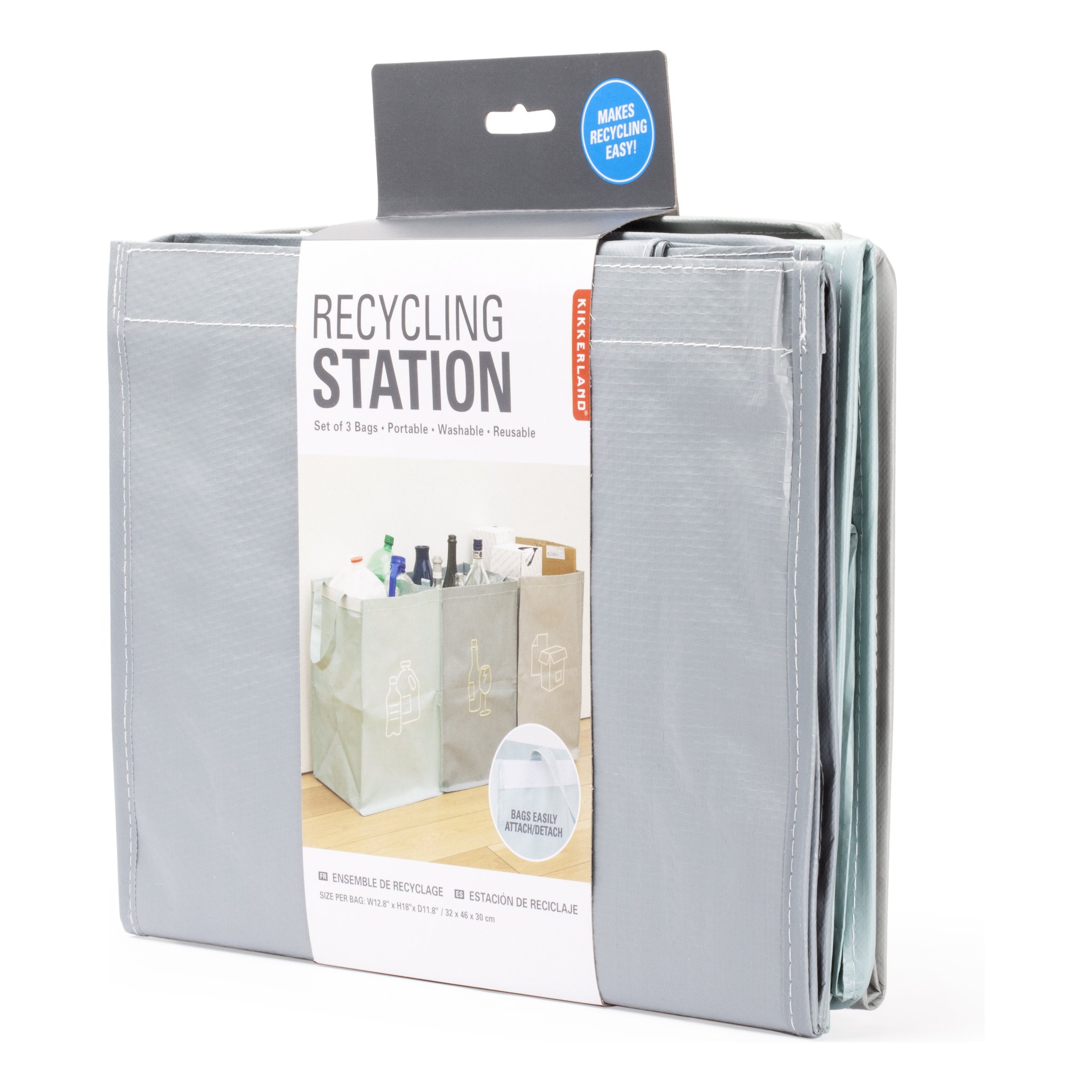 Recycling-Station Kikkerland Verpackung Seitenansicht mit Hinweis Bags easily attach/detach