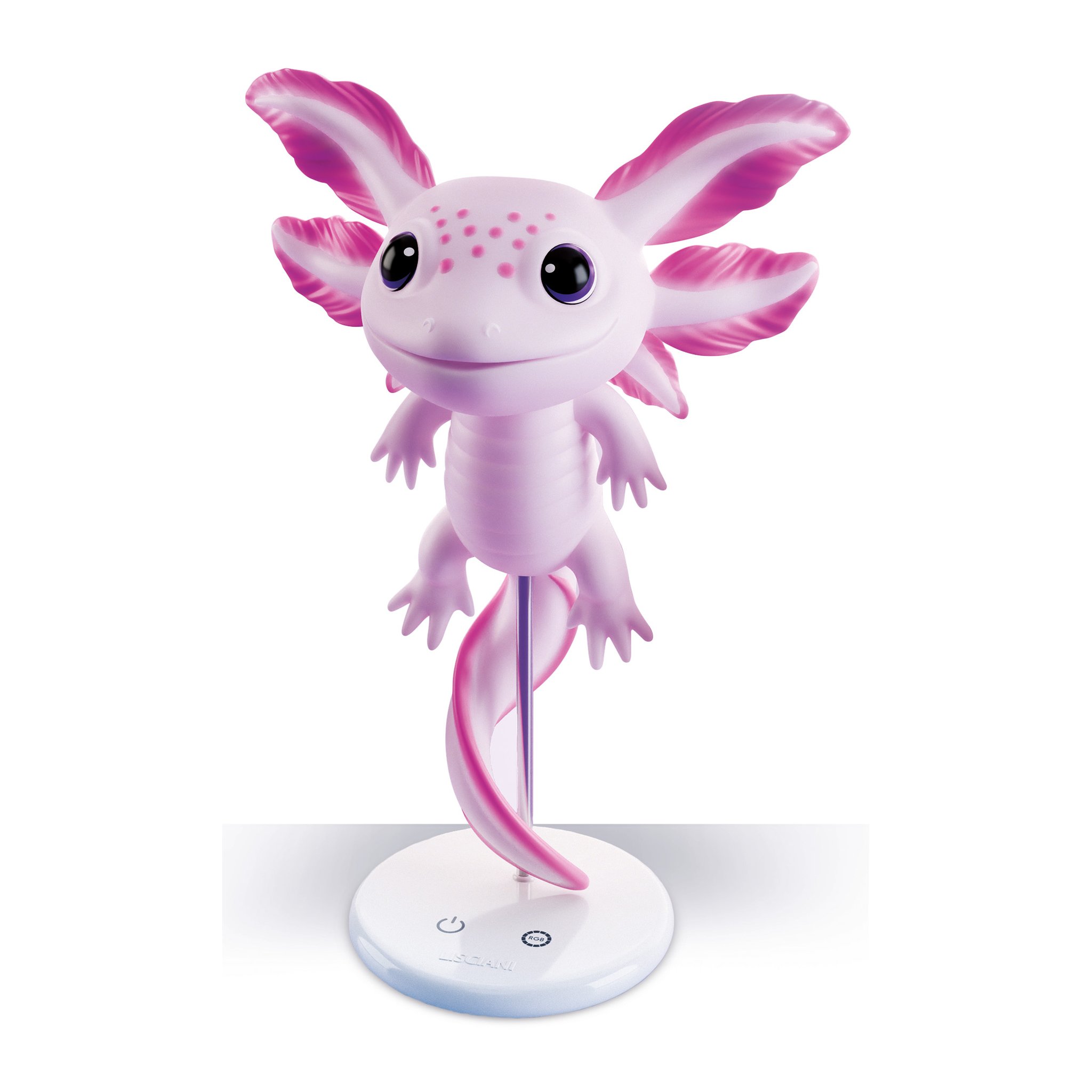 Axolotl LED-Lampe von Lisciani in Rosa auf weissem Standfuss, freigestellt auf Weiss