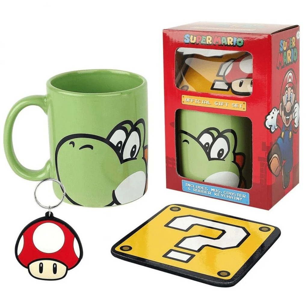Super Mario Tassen-Set mit Yoshi Tasse, Schlüsselanhänger und Untersetzer
