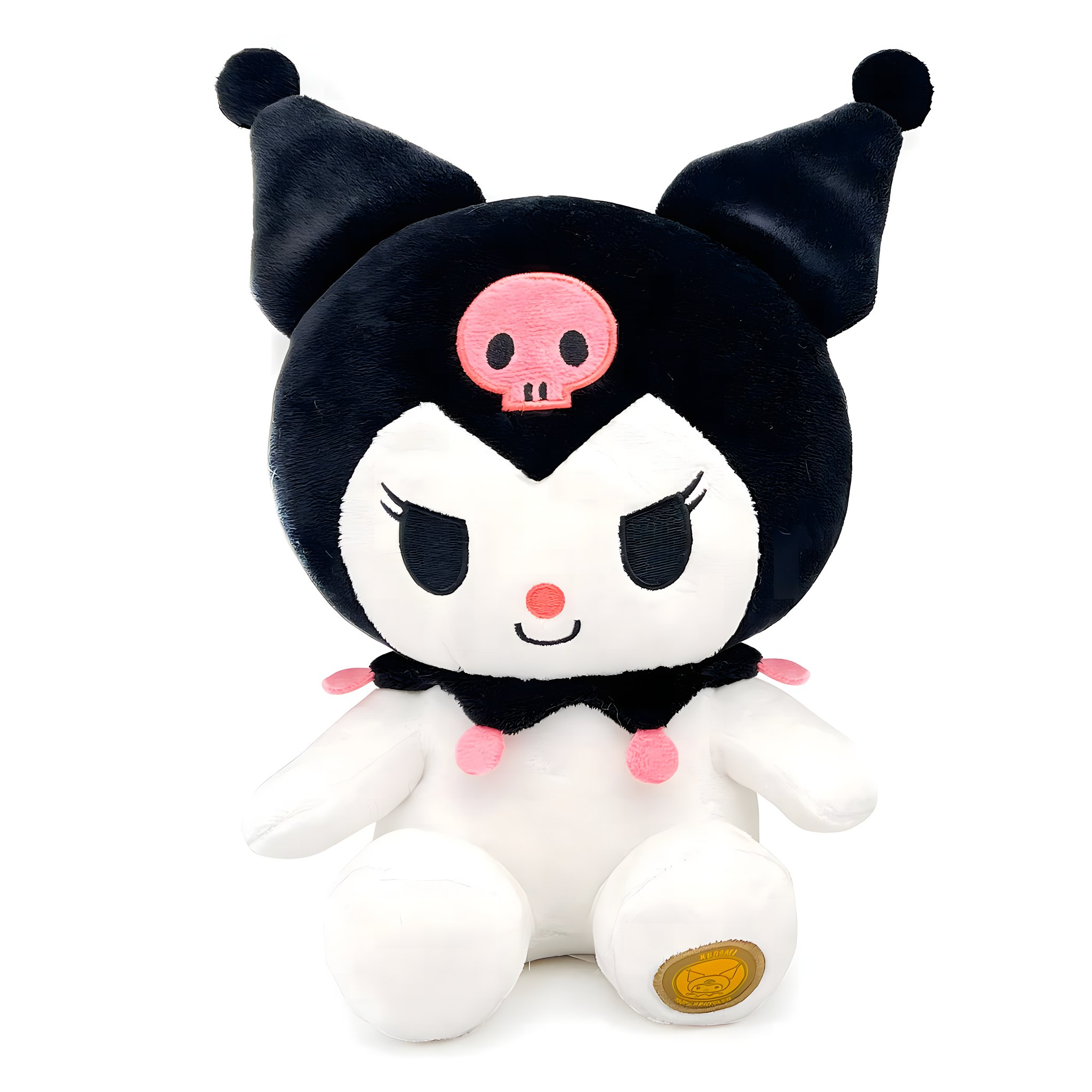 Kuromi Eco-Plüsch 24 cm von vorne: schwarze Kappe mit rosa Totenkopf, weisser Körper, gesticktes Grinsen