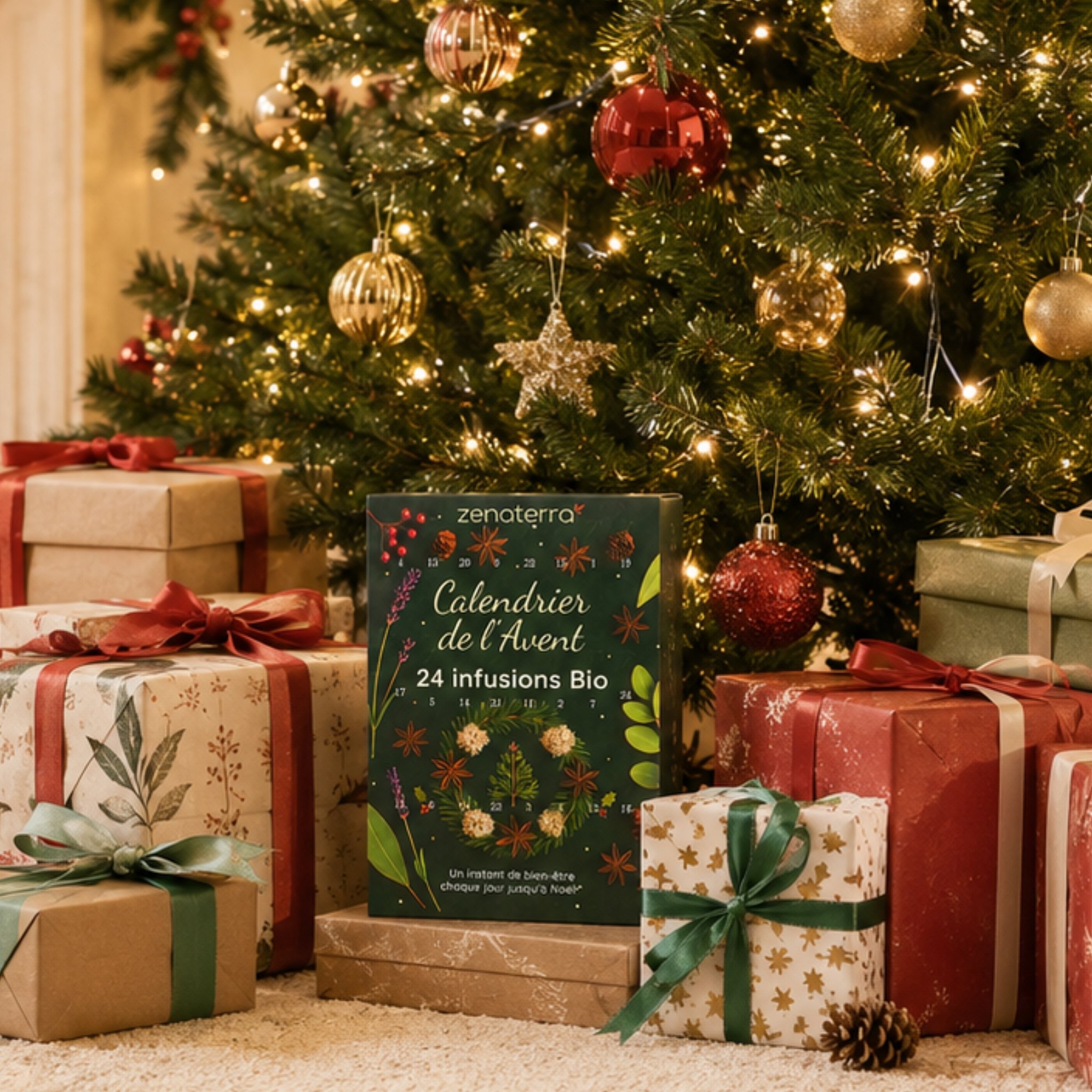 Calendrier de l'Avent de tisanes sous le sapin décoré, entre les cadeaux