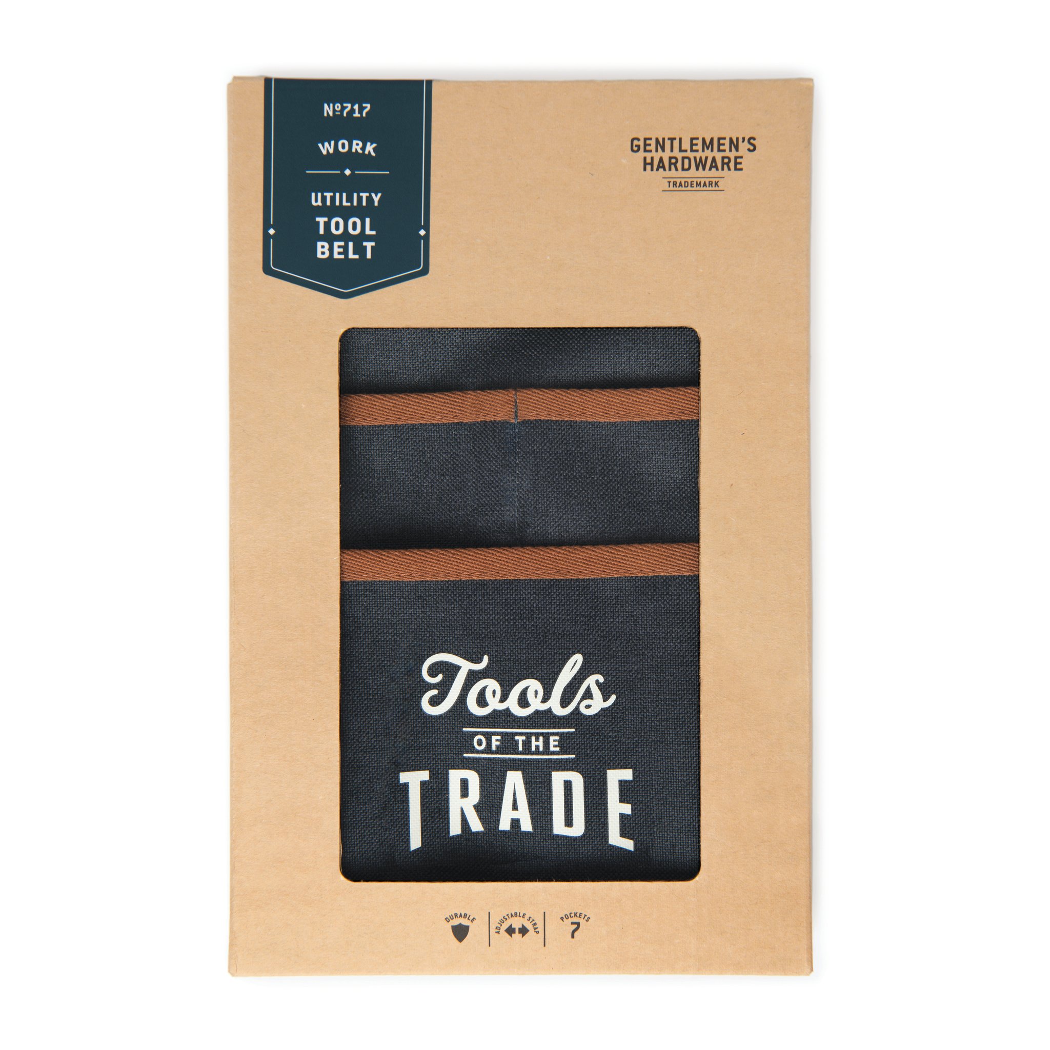 Kraft cardboard box with a window showing the Tool Belt inside, and a blue label reading «Utility Tool Belt»