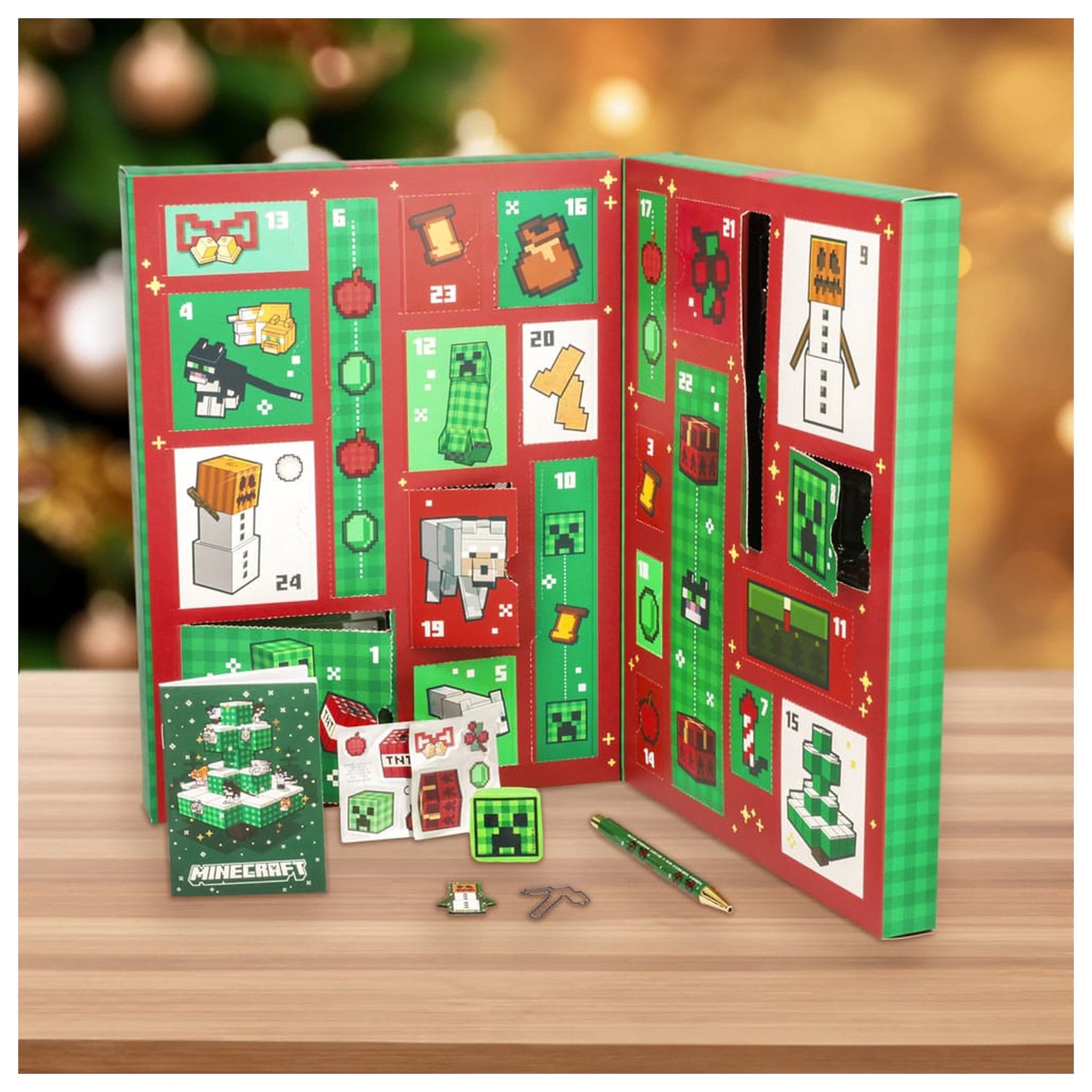 Minecraft stationery advent calendar on a wooden table in front of festive lights