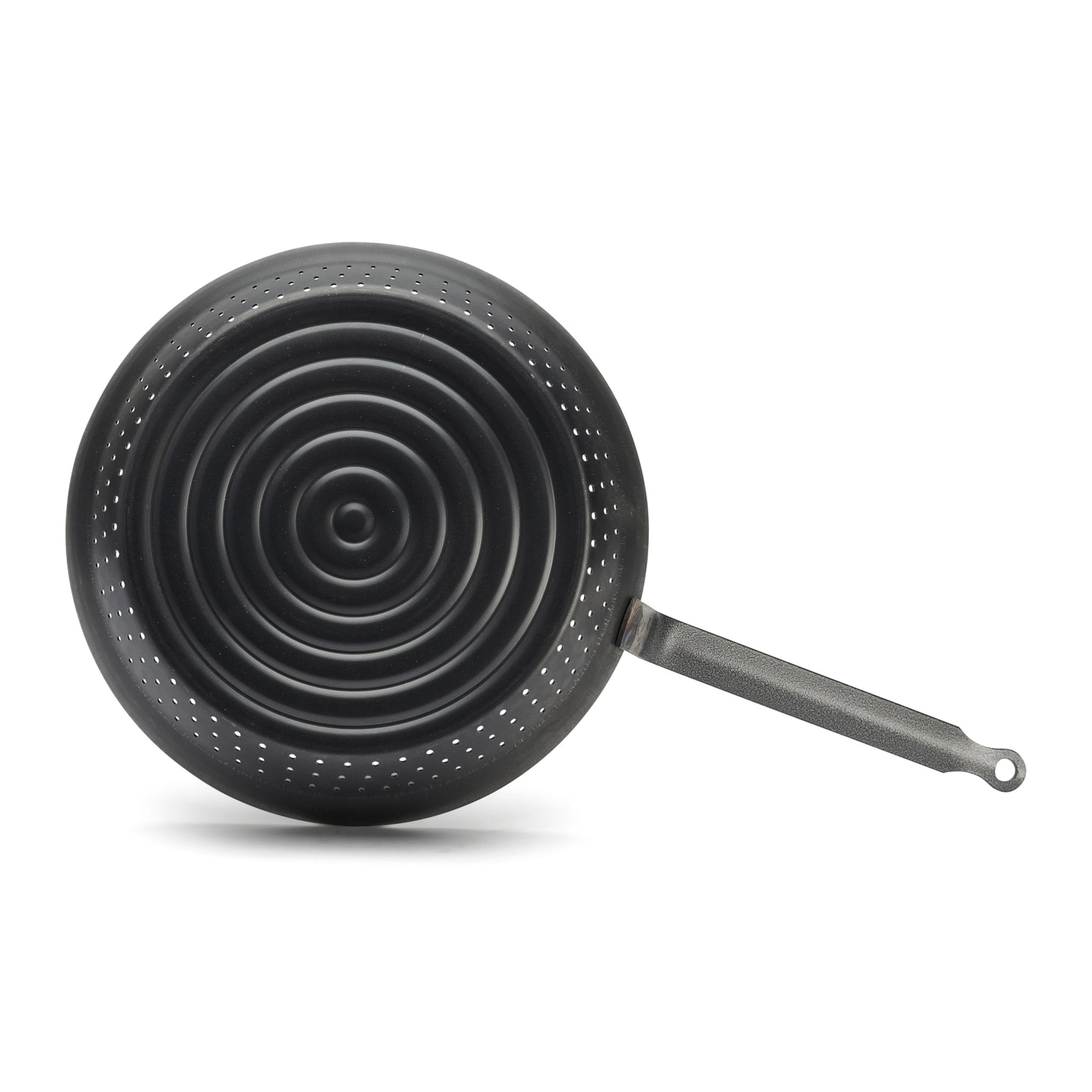 Chestnut pan from above with closed grooved base and perforated side wall all around