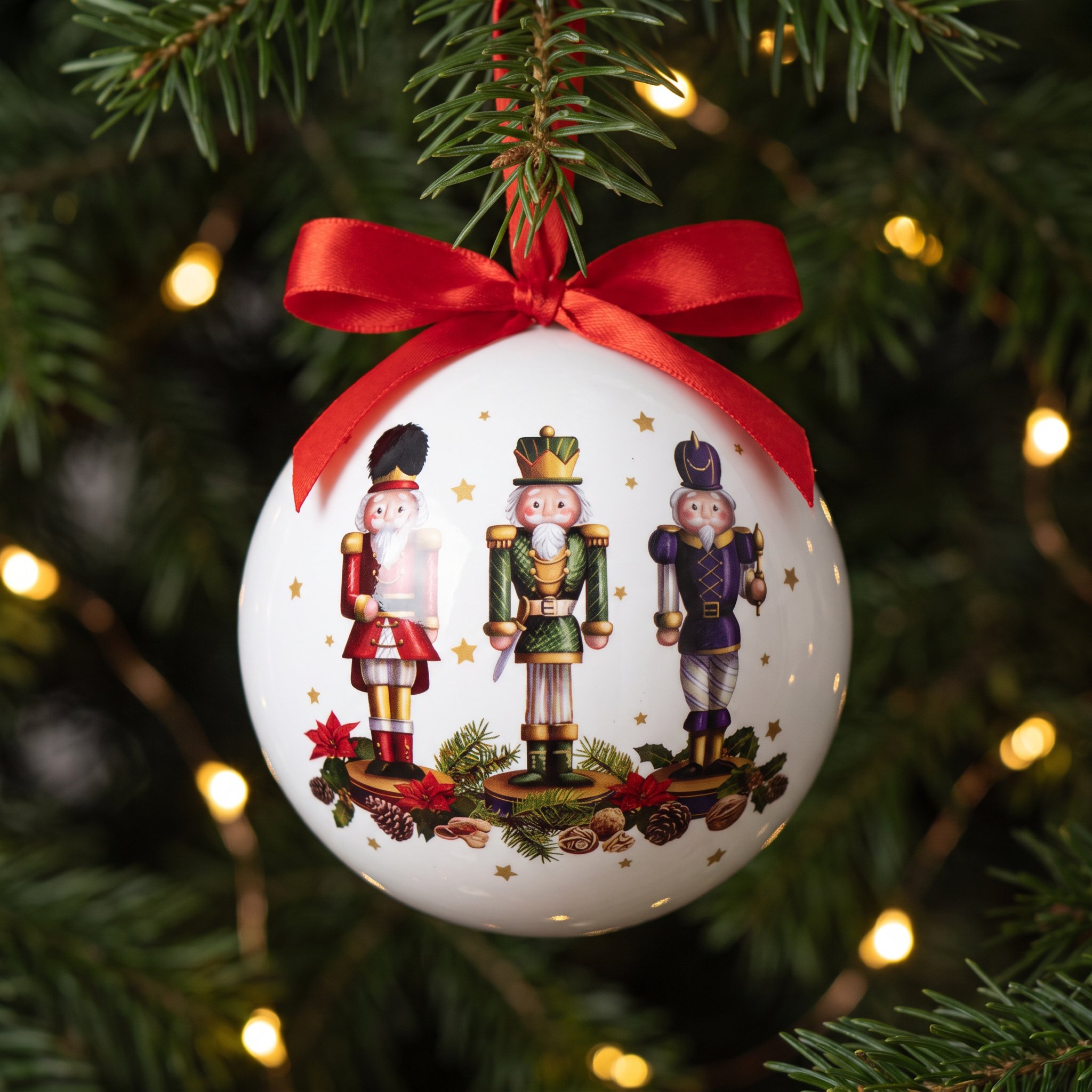 White Christmas bauble with three nutcrackers in red, green and purple and a red bow on a fir branch