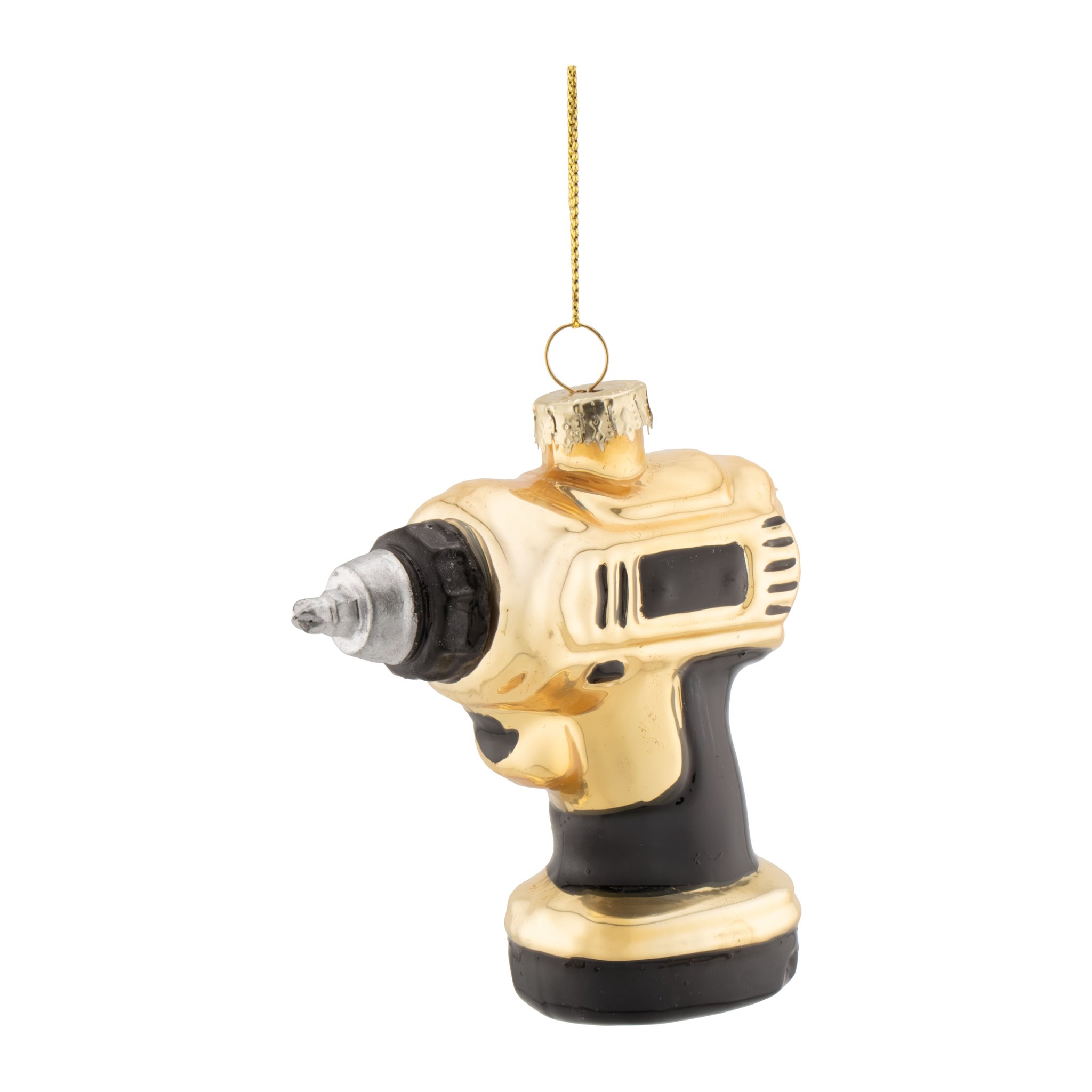Gold and black glass cordless drill ornament