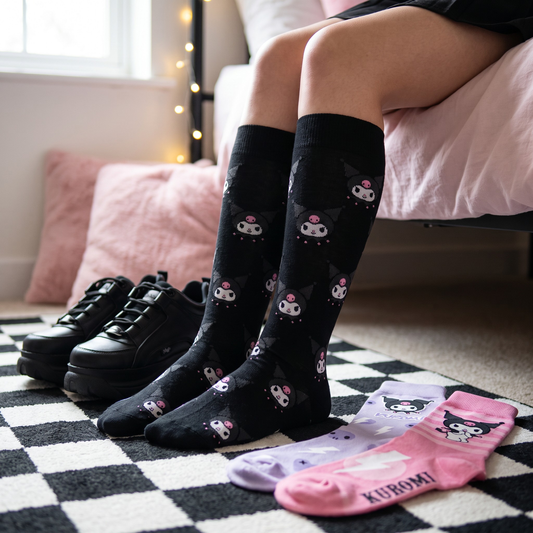 Black Kuromi knee-high socks worn, with the lilac and pink striped pairs on a checkerboard rug