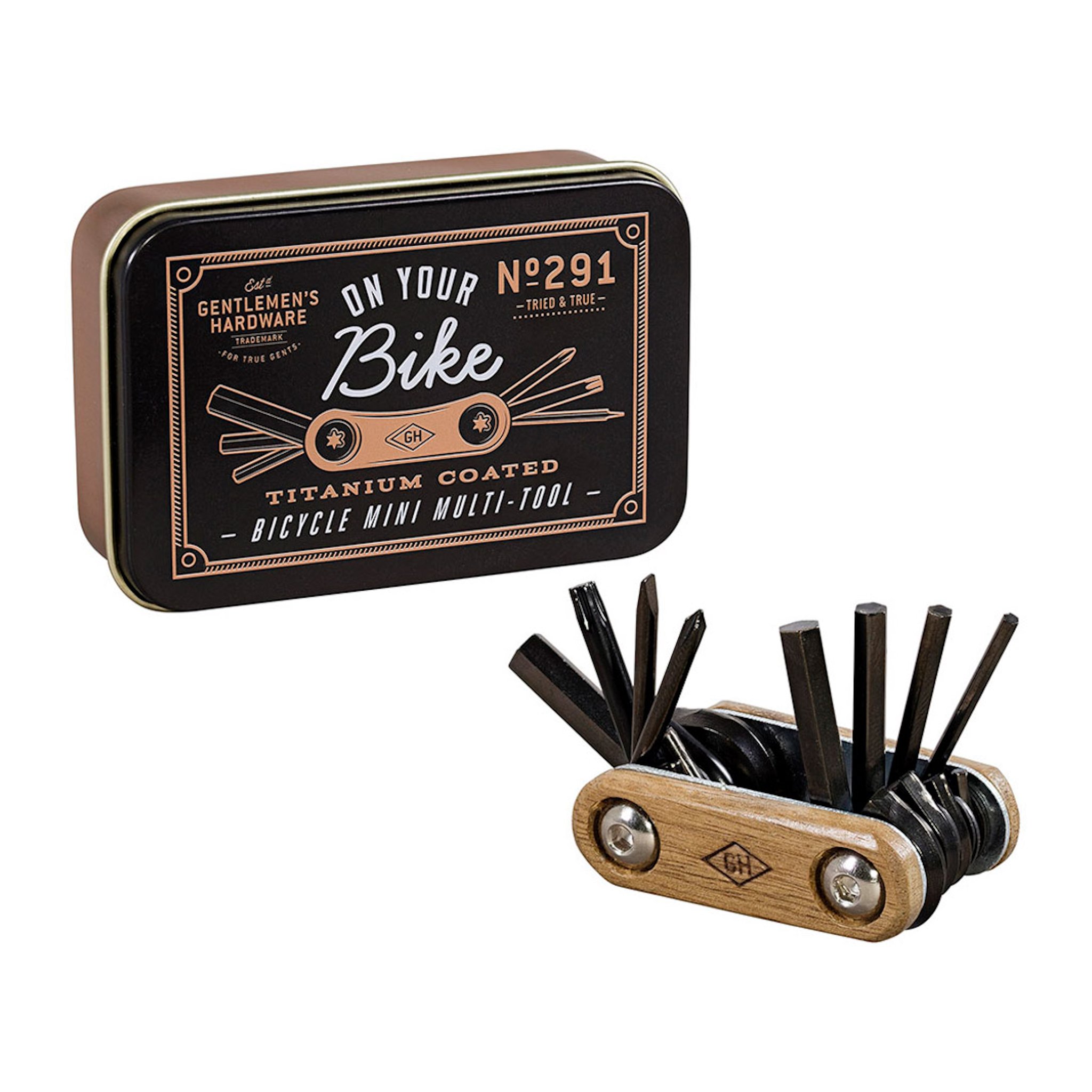 Pocket Bicycle Multi-Tool with bits fanned out and wooden handle, beside its black tin with copper «On Your Bike» print