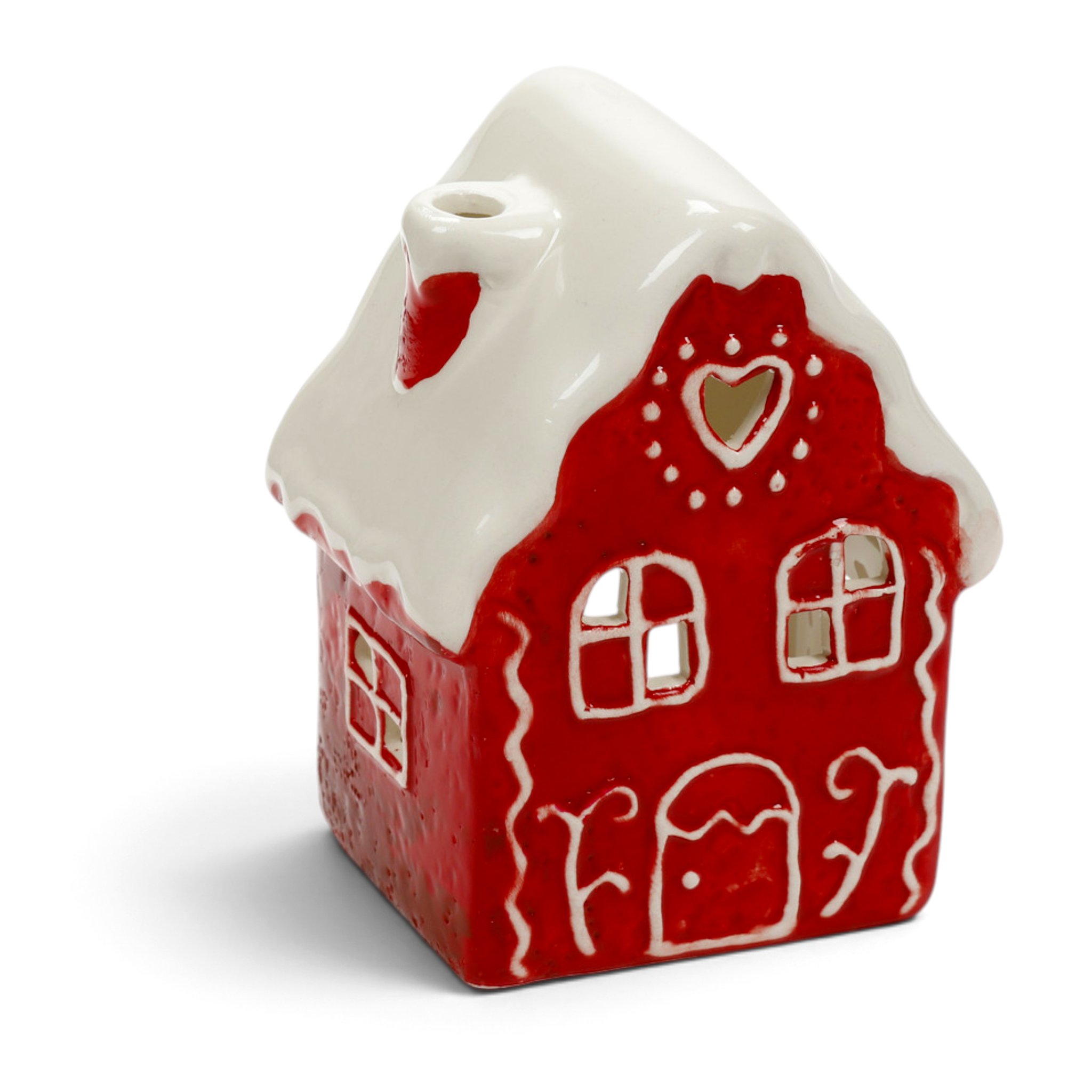 Rotes Lebkuchenhaus mit Schneedach