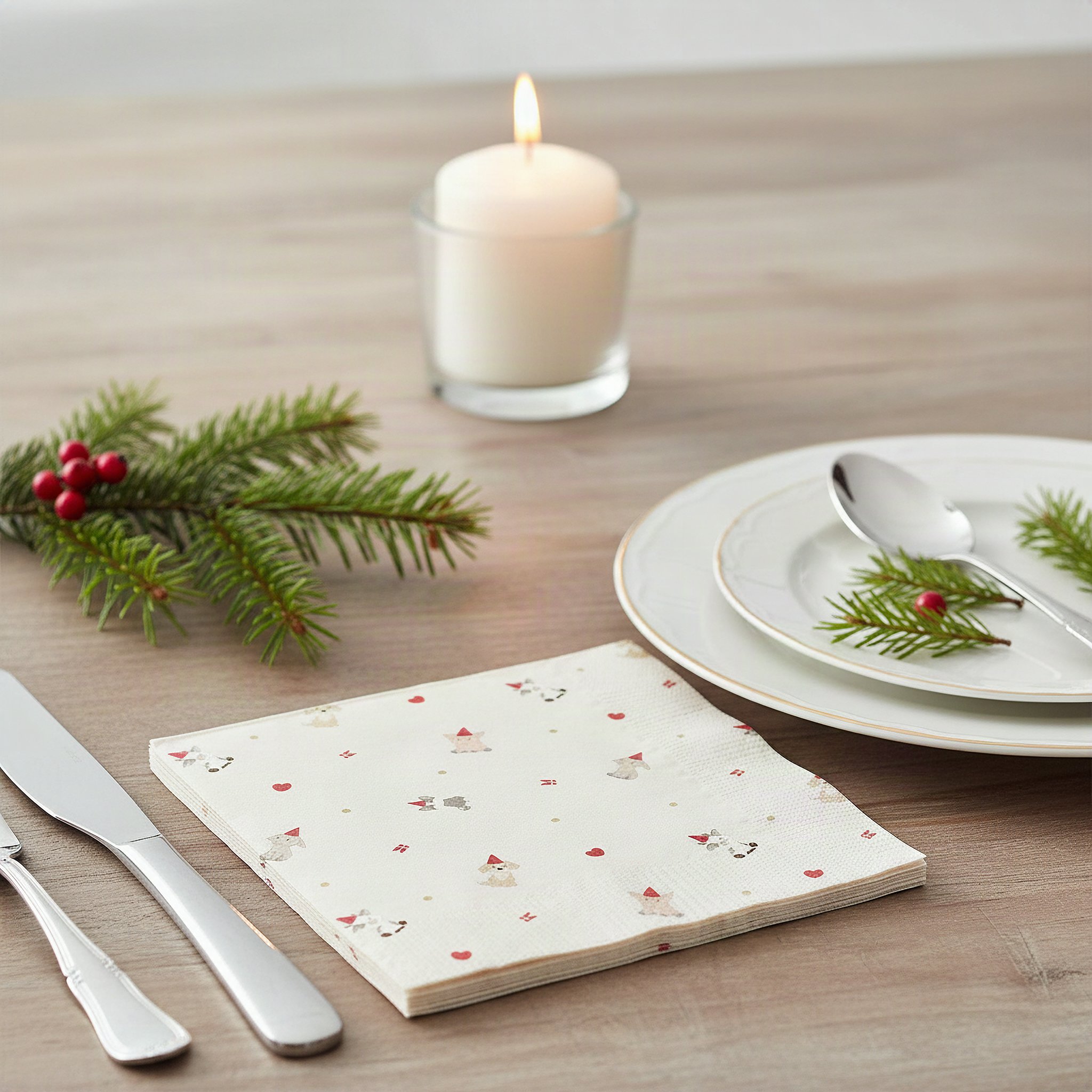 Weihnachtsservietten mit Tieren und Zipfelmützen neben Teller und Besteck auf dem Festtagstisch