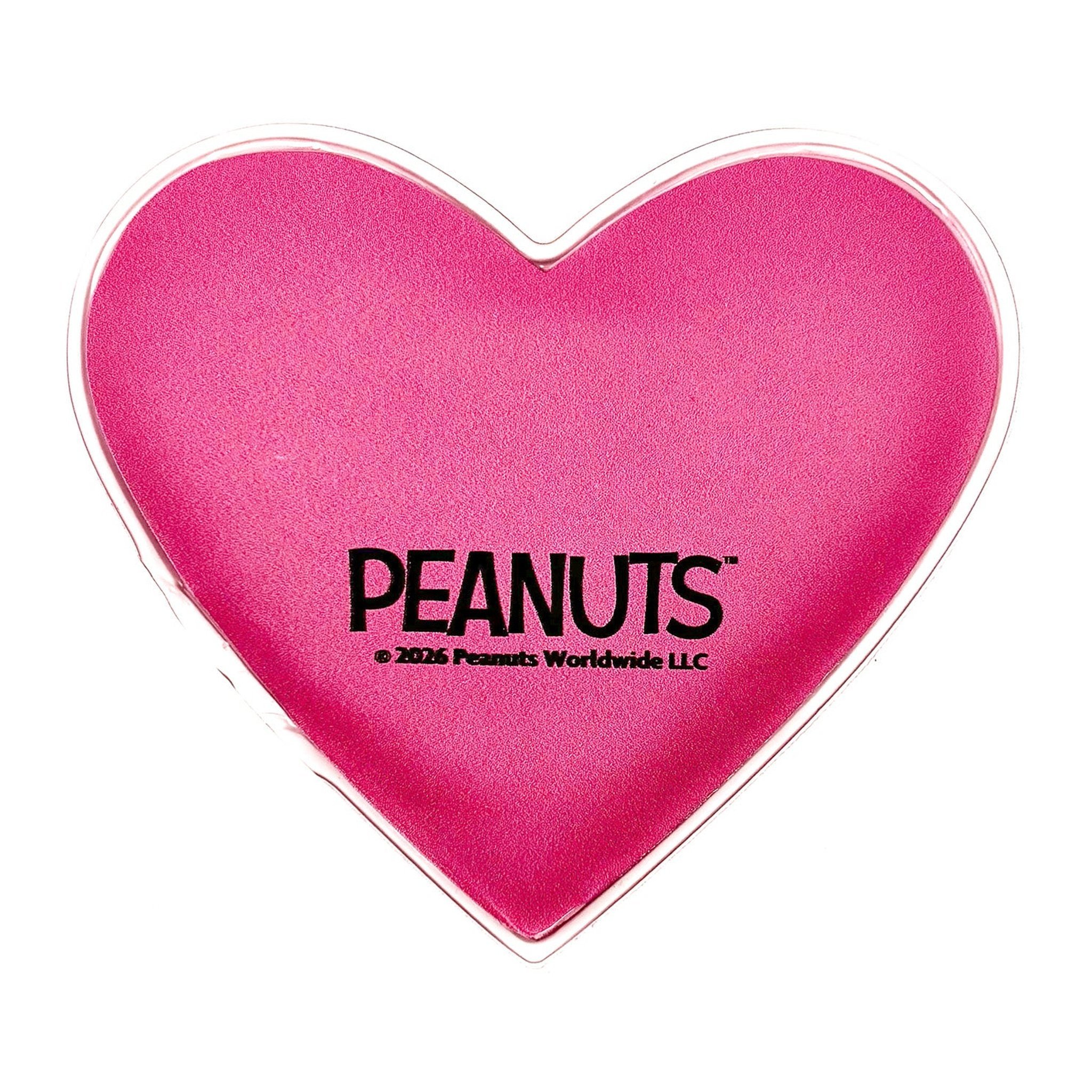 Rückseite des Herz-Handwärmers mit Peanuts-Schriftzug