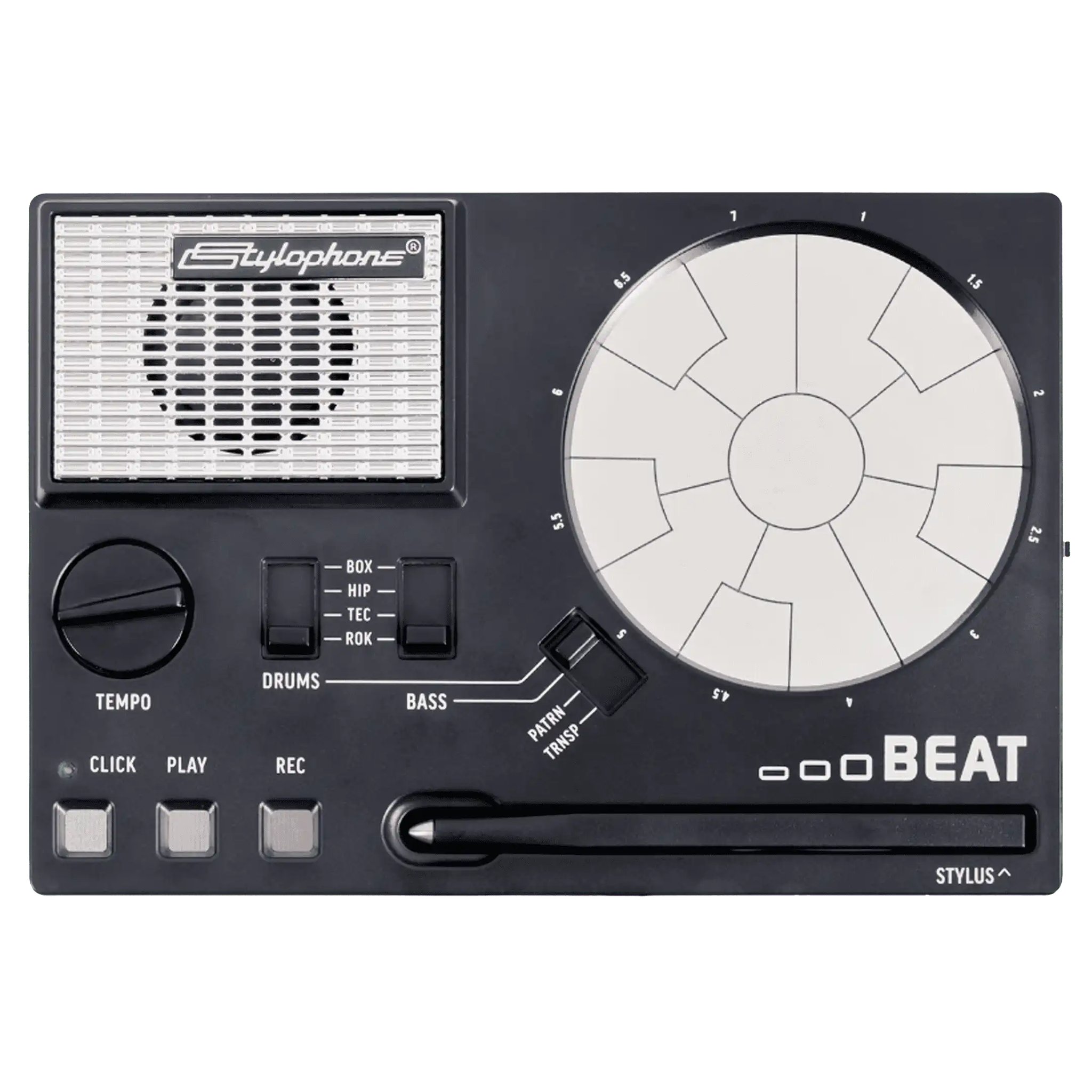 Stylophone BEAT Drum-Machine – Frontansicht mit Beat-Pad und Stylus