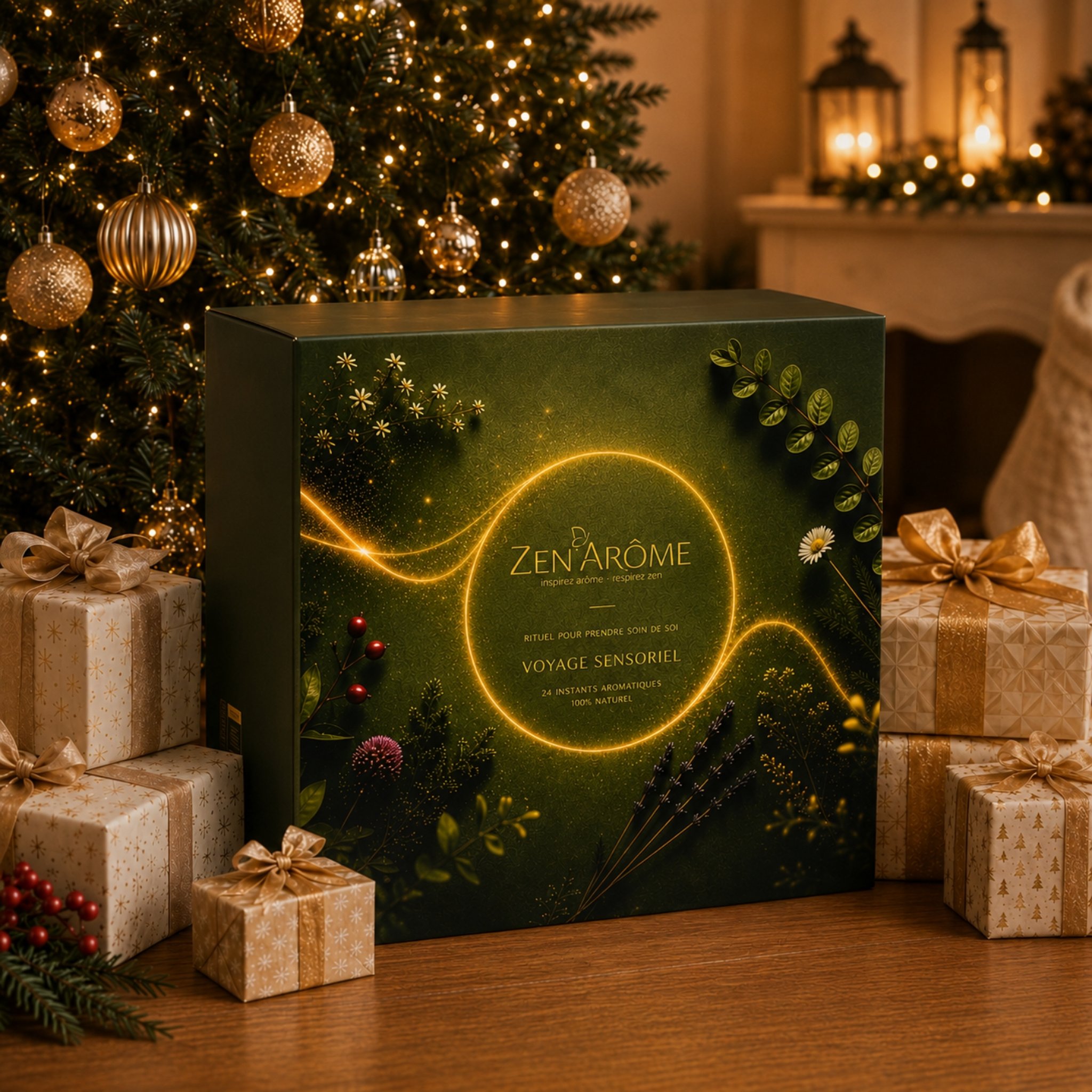 Coffret vert du calendrier de l'Avent aromathérapie sous le sapin