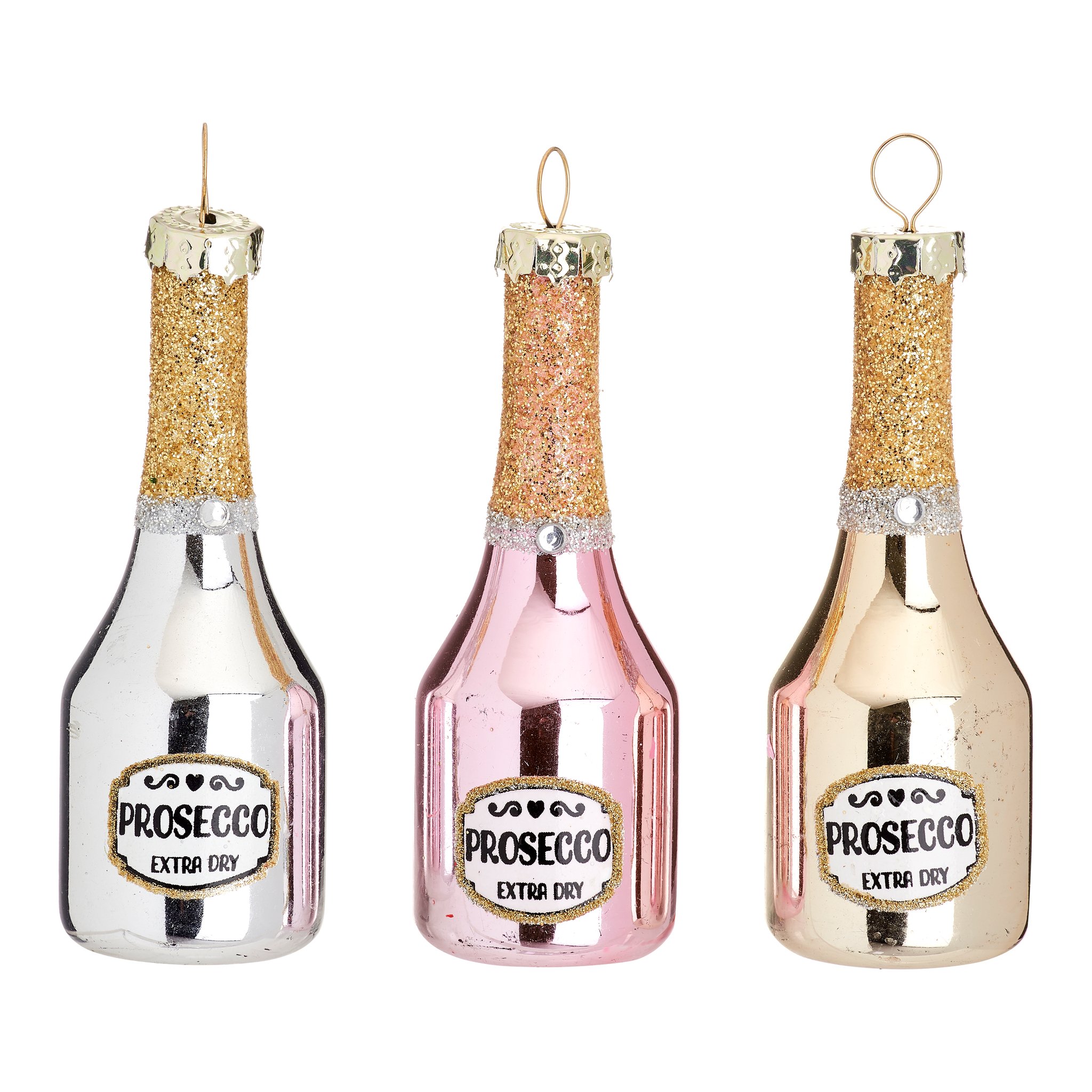 Set de décorations de Noël prosecco Sass & Belle, trois bouteilles en verre argent, rose et or, détourées
