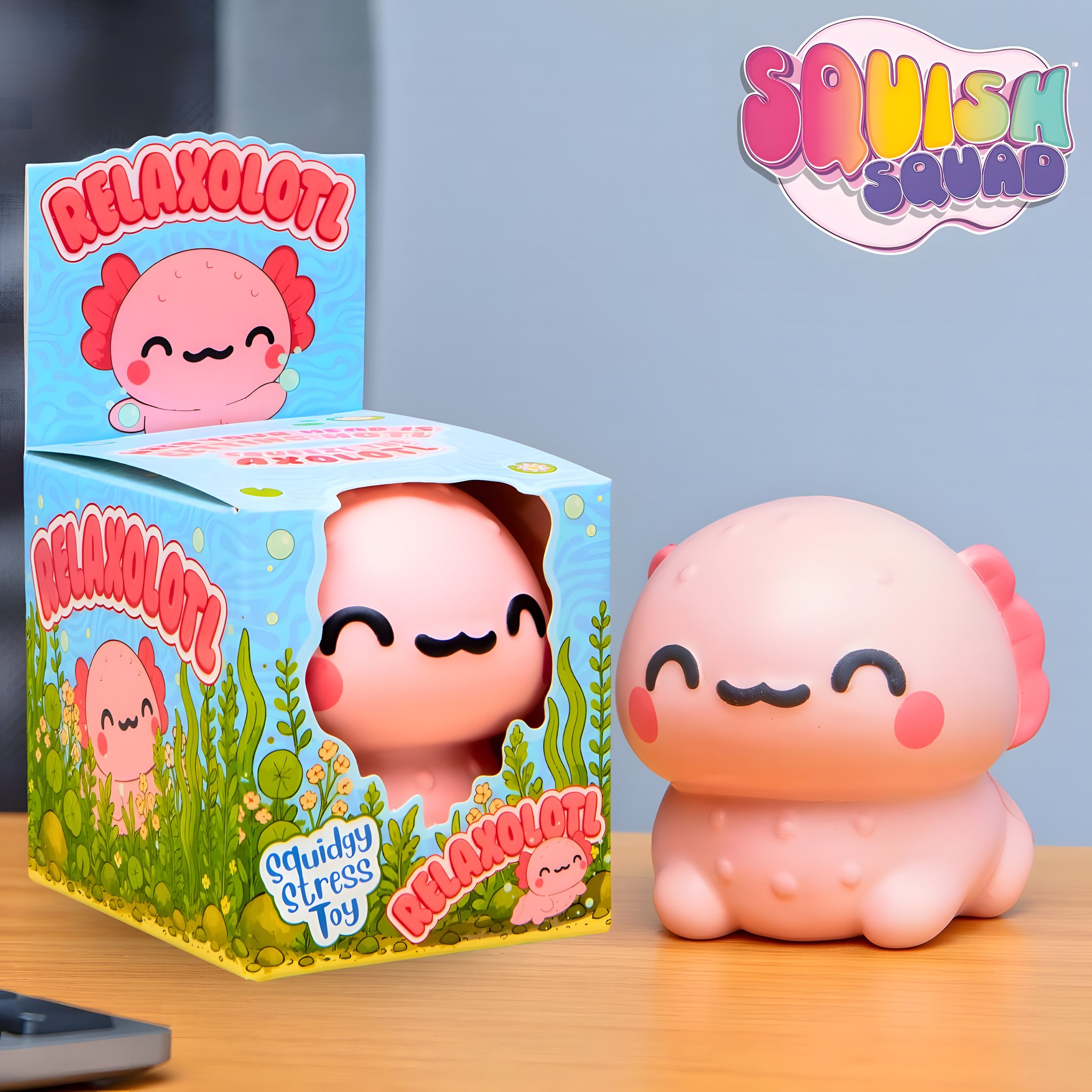 Squishy axolotl rosa Relaxolotl accanto alla sua scatola con finestra sulla scrivania