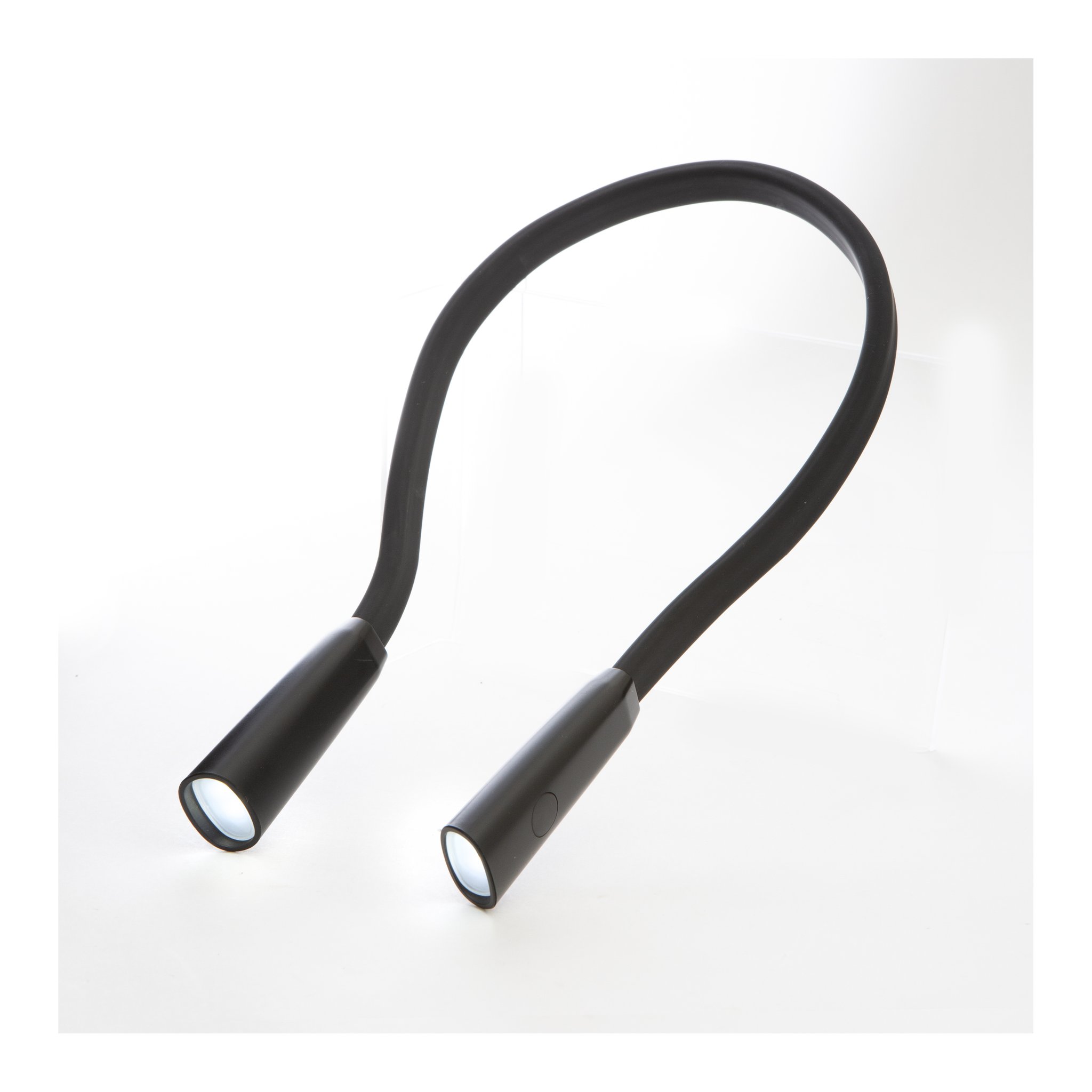 Neck reading light with bent arms at an angle from the front