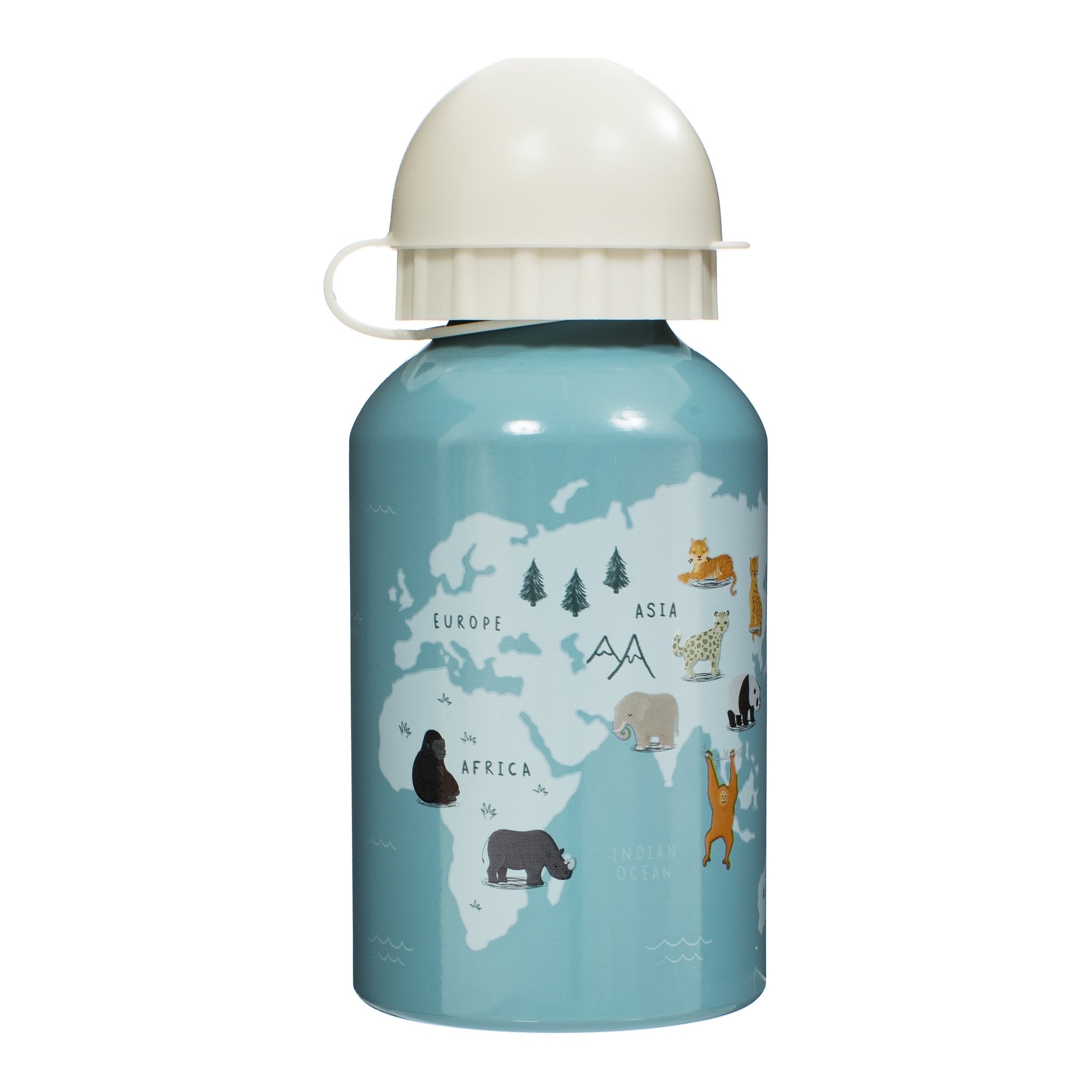 Gourde enfant animaux menacés détourée, turquoise avec carte du monde et animaux