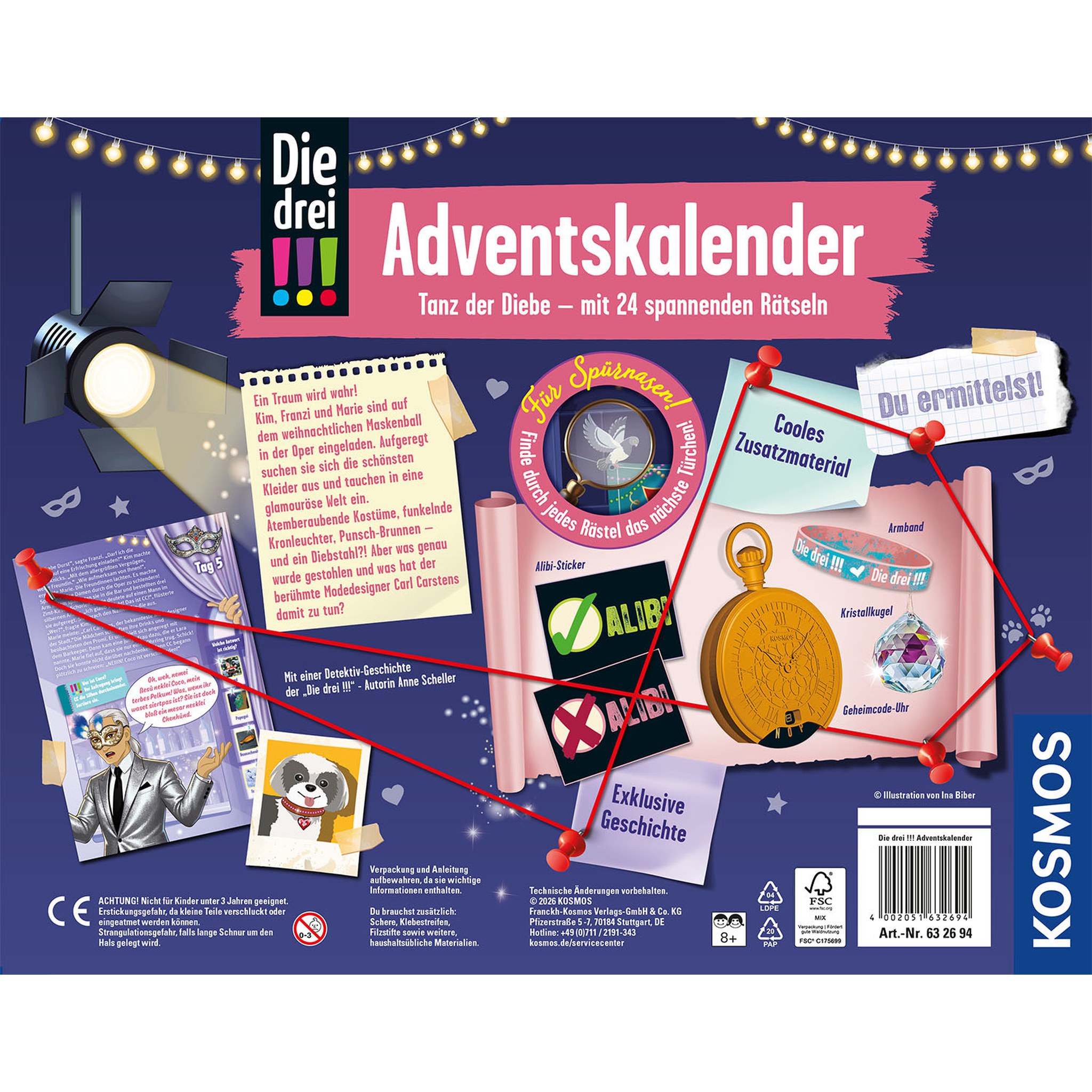 Rückseite des Die drei !!! Adventskalenders «Tanz der Diebe» mit Geschichte und Gimmicks wie Geheimcode-Uhr