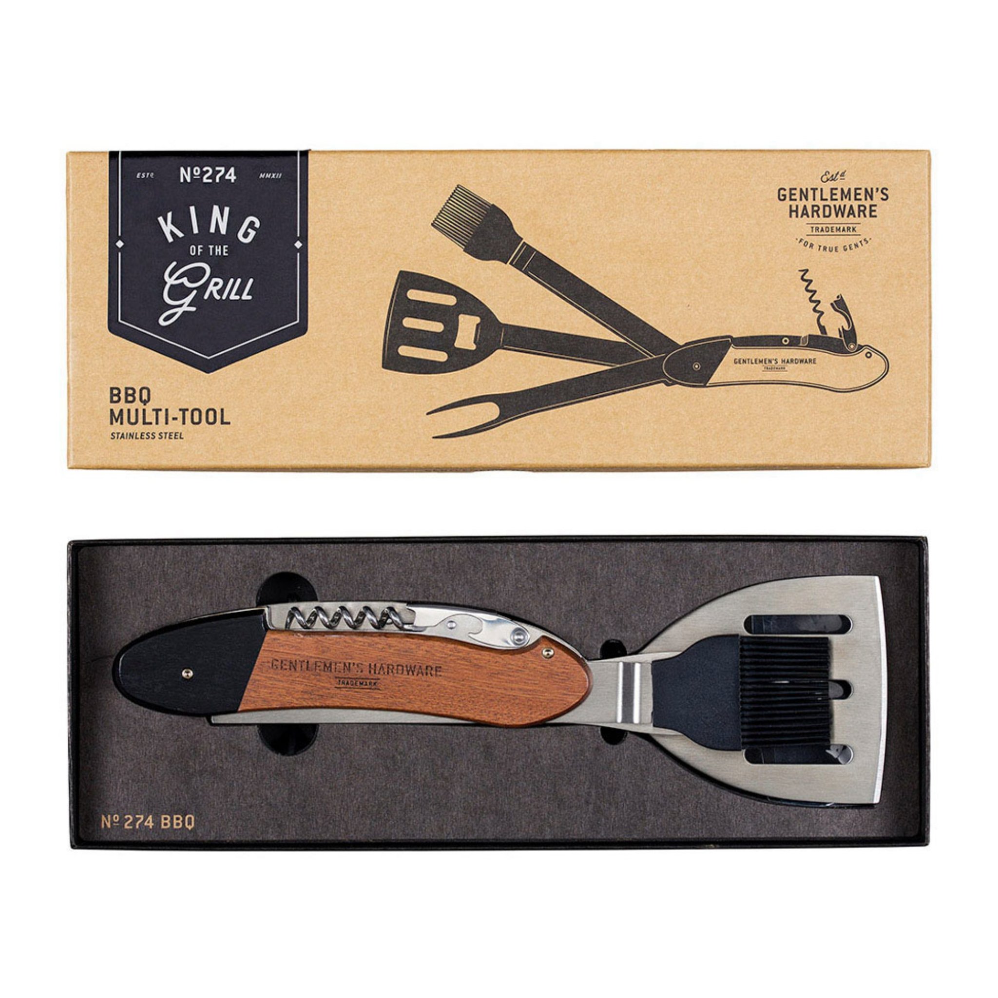 Kraft box marked King of the Grill above the open tray holding the BBQ Multi Tool with its wooden handle