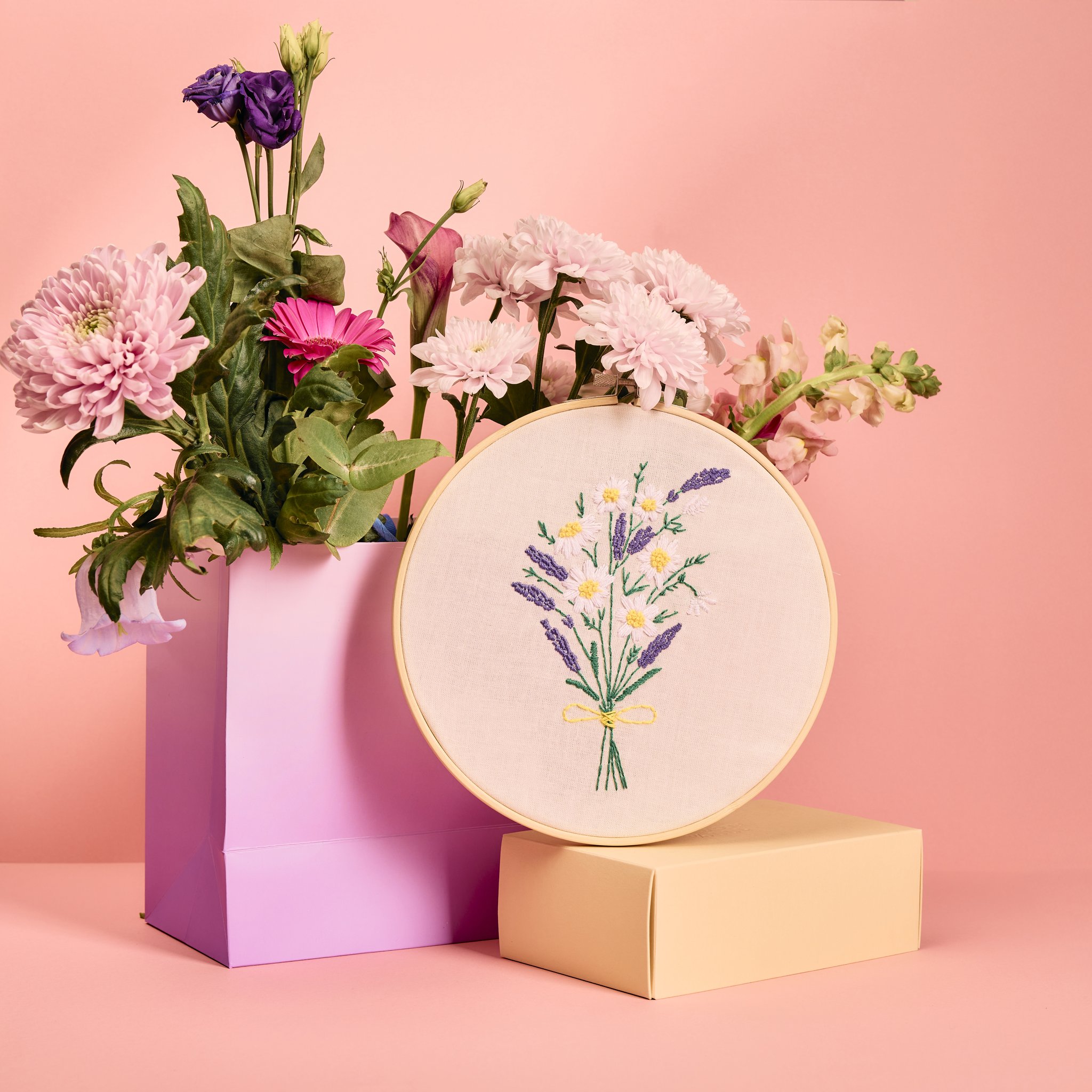 Lavender Bouquet Embroidery Kit with Hoop by Stitchly – finished embroidery decorated with flowers