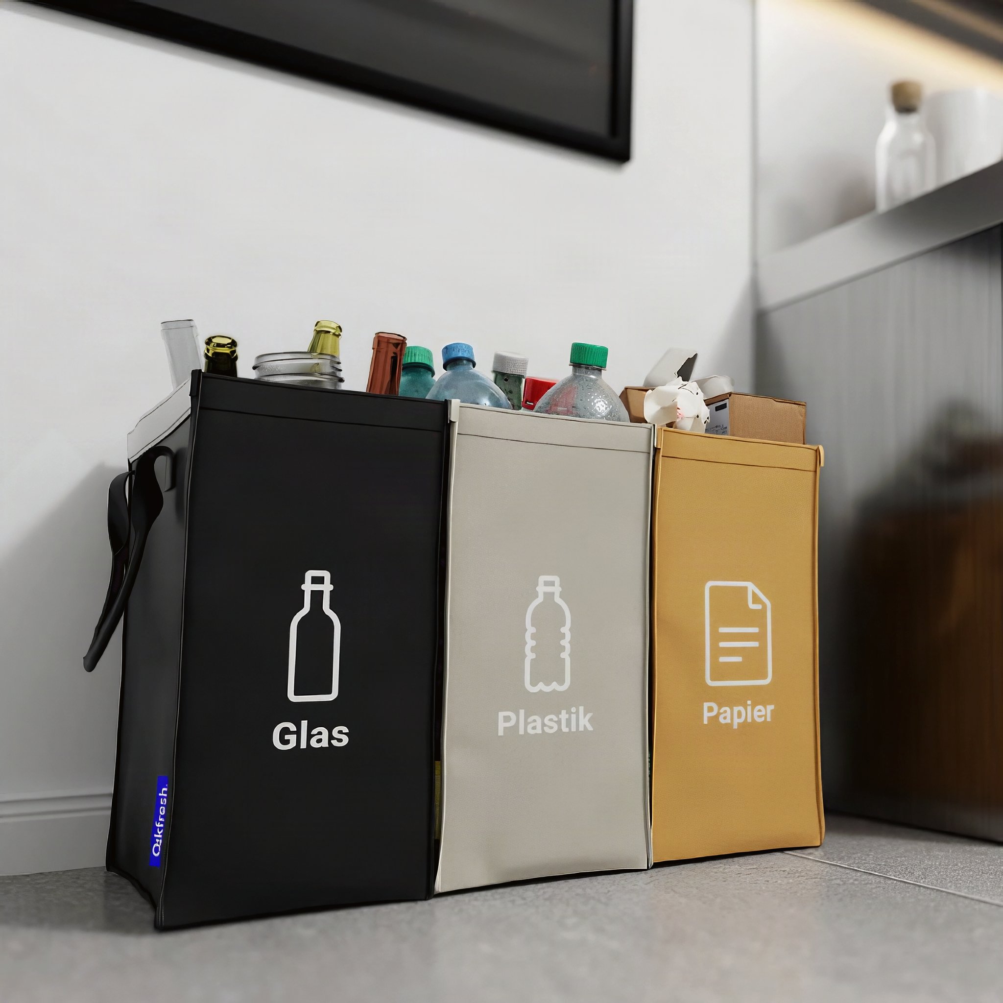 Le tre sacche piene per vetro, plastica e carta una accanto all'altra in una cucina moderna