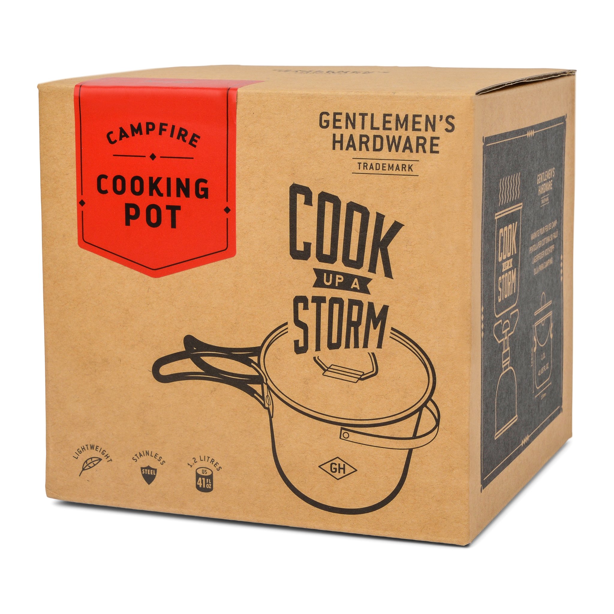 Campfire Cooking Pot box seen at an angle from the front, with the dark printed side panel visible beside it