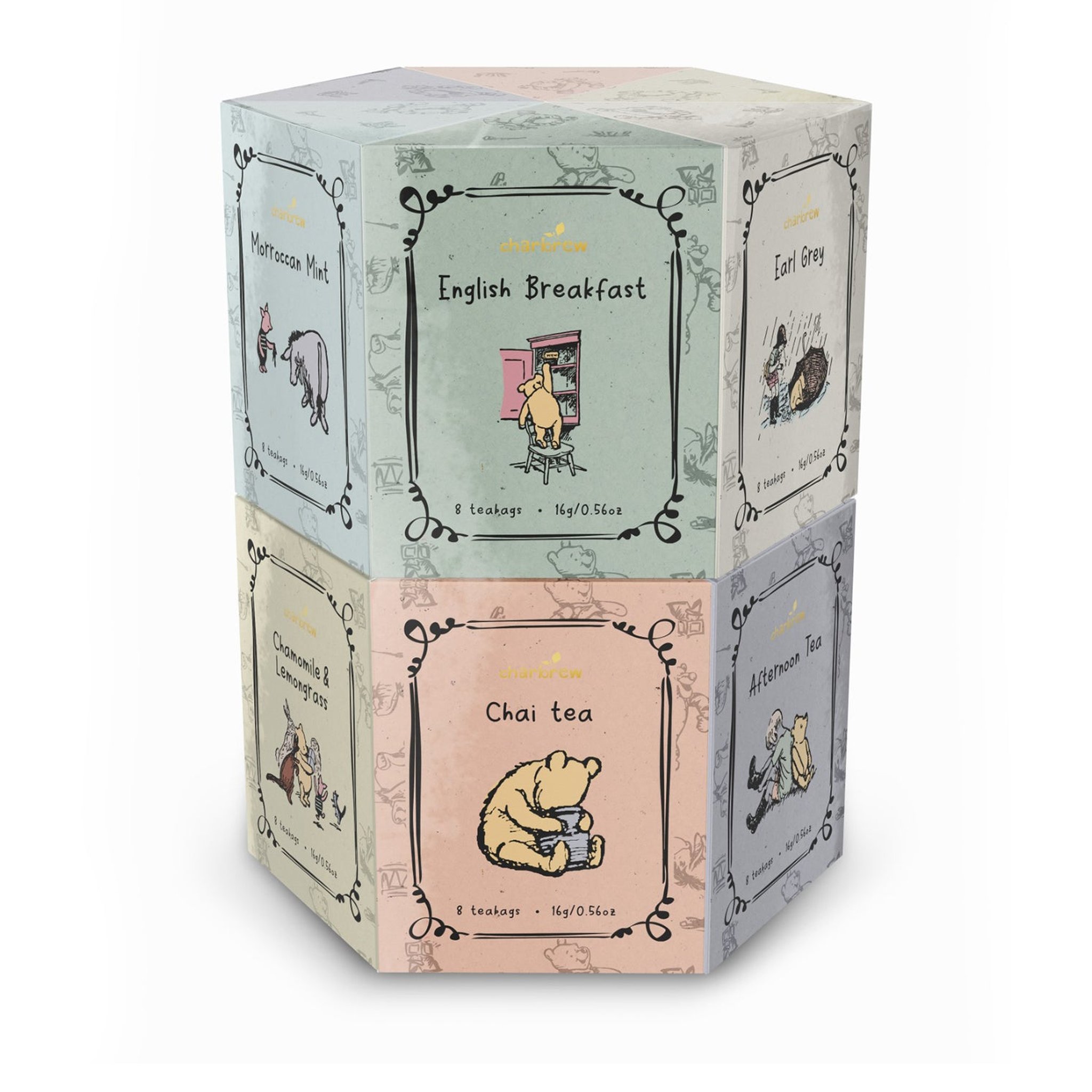 Two-tier hexagonal tea box with Winnie the Pooh artwork, showing English Breakfast and Chai