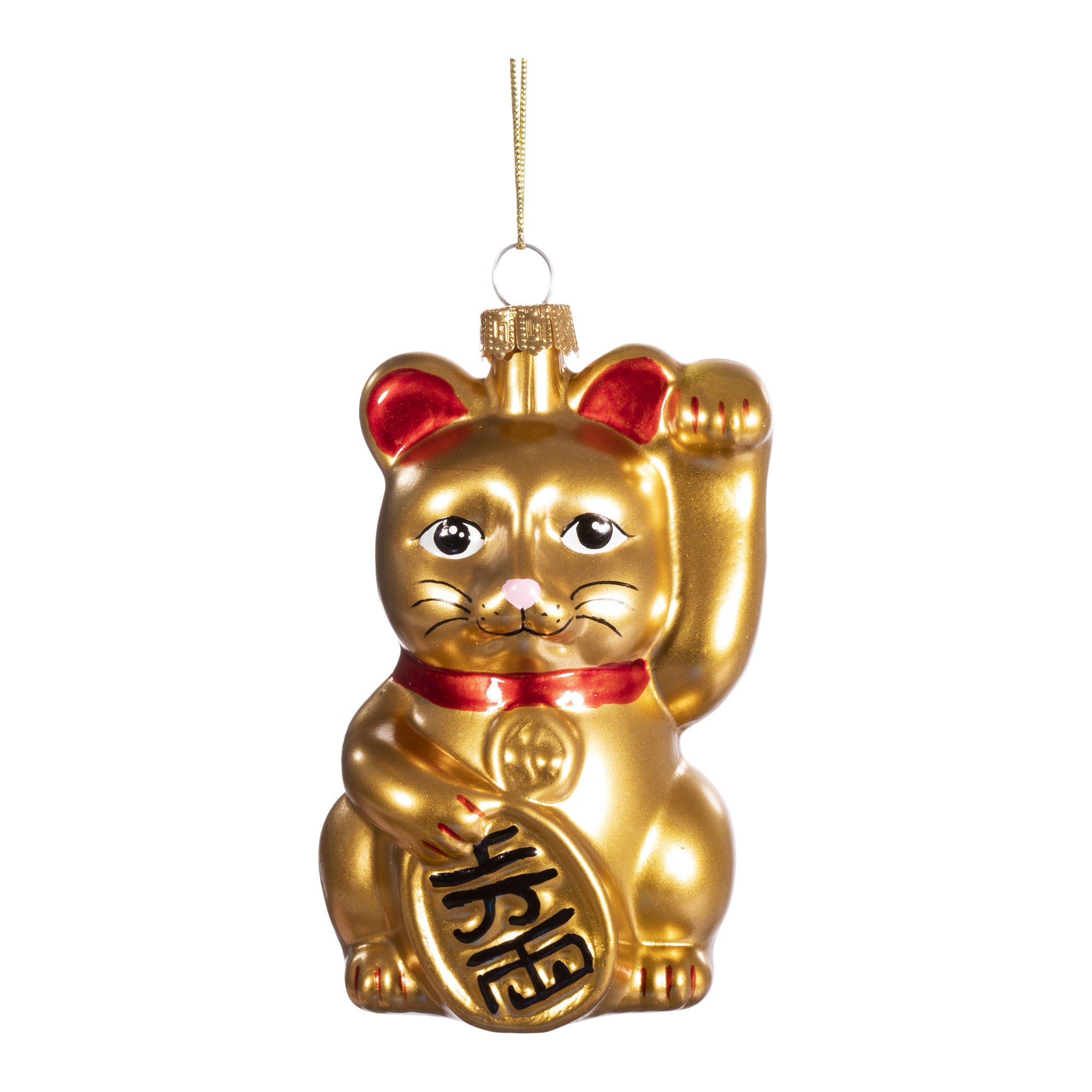 Décoration de sapin chat porte-bonheur Sass & Belle détourée, chat doré en verre avec pièce