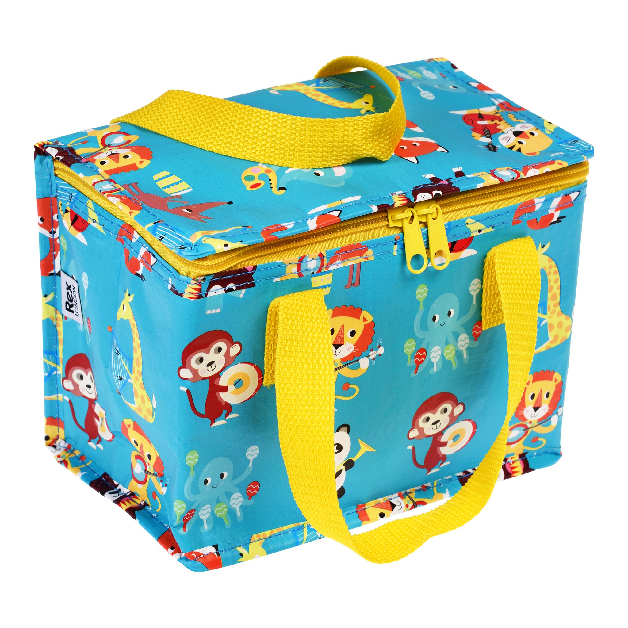 Die blaue Tier-Orchester Lunchtasche mit gelben Griffen und Reissverschluss, freigestellt