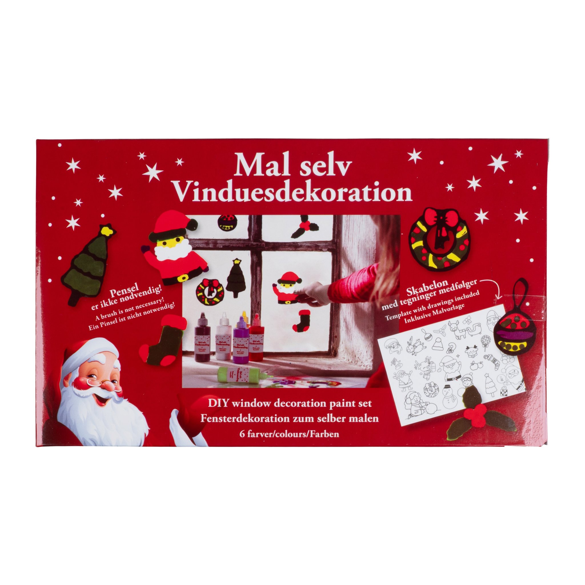 Verpackung des Fensterfarben-Sets mit Weihnachtsmann, Fensterbildern und Malvorlage
