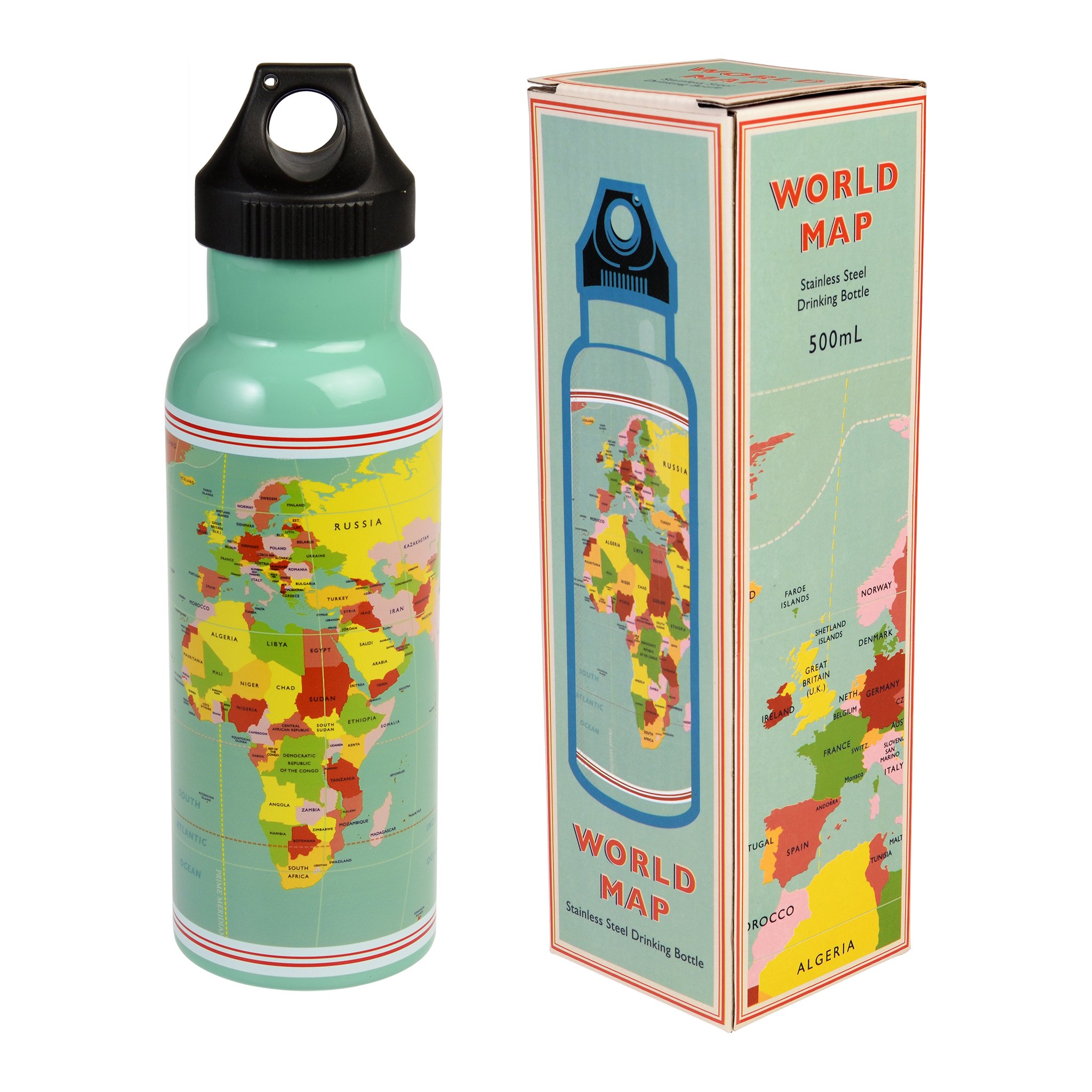 Gourde carte du monde à côté de la boîte « World Map Stainless Steel Drinking Bottle »